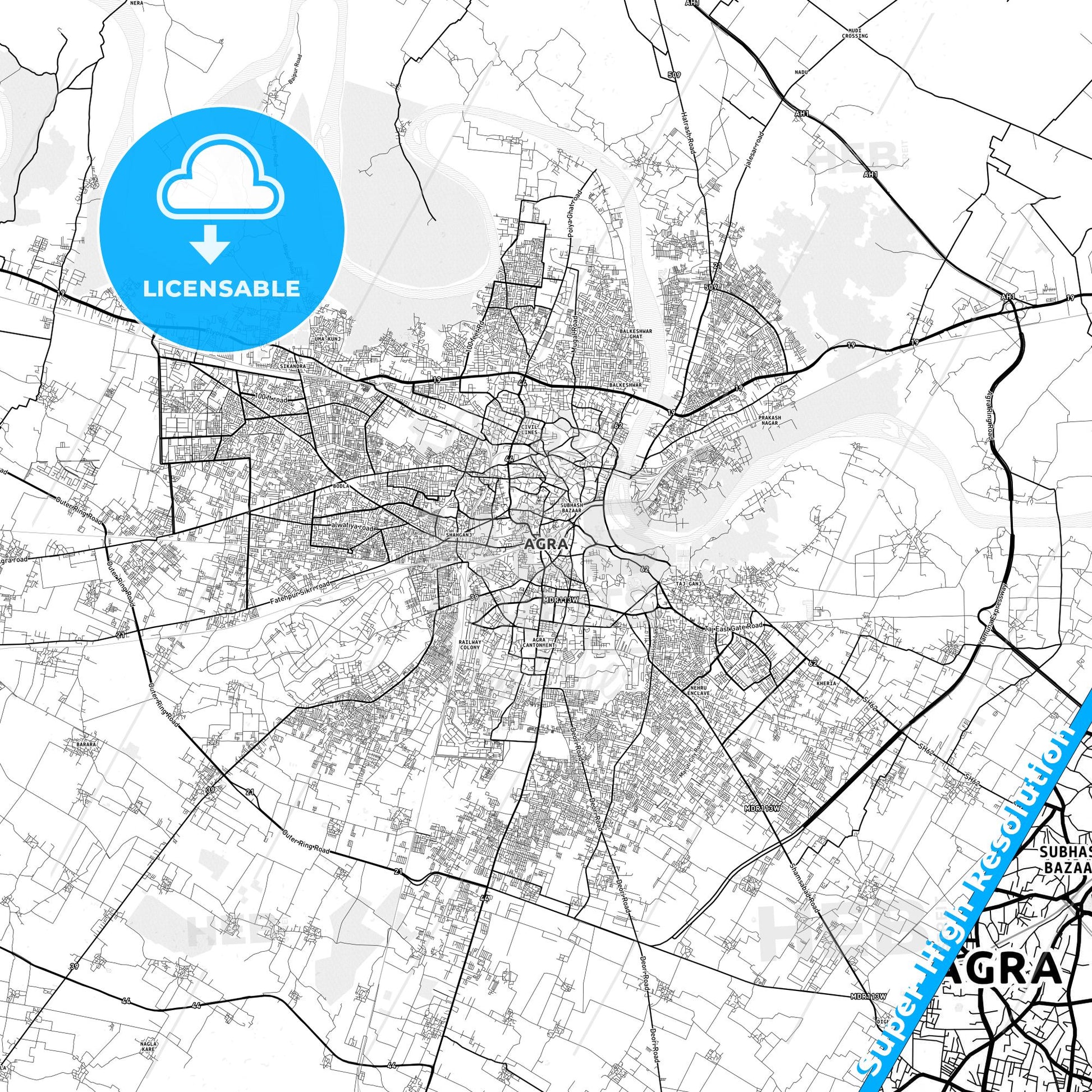 Agra, India light map with streetnames, citynames and districts