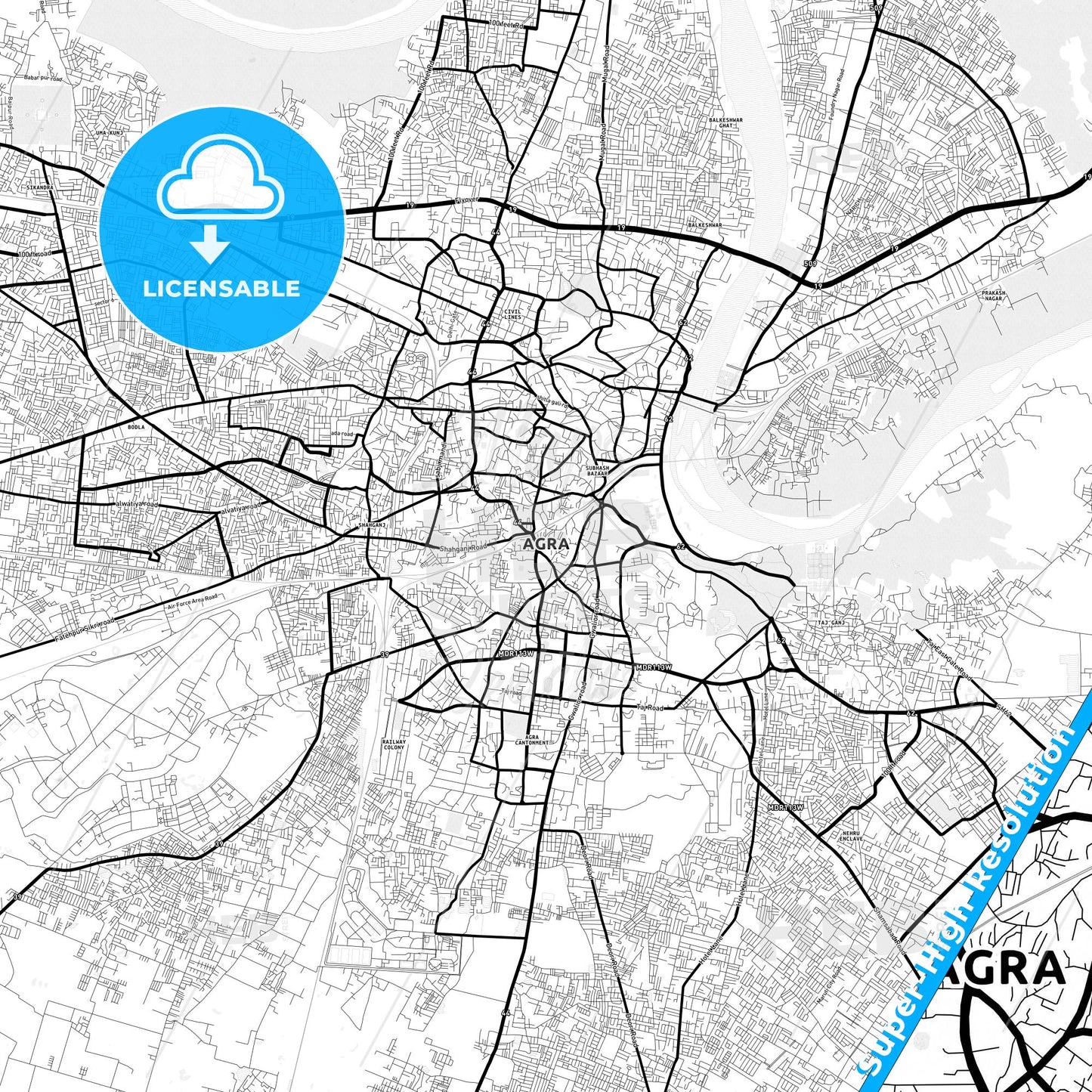 Agra, India Light Map with Street Names, City Names, and Districts
