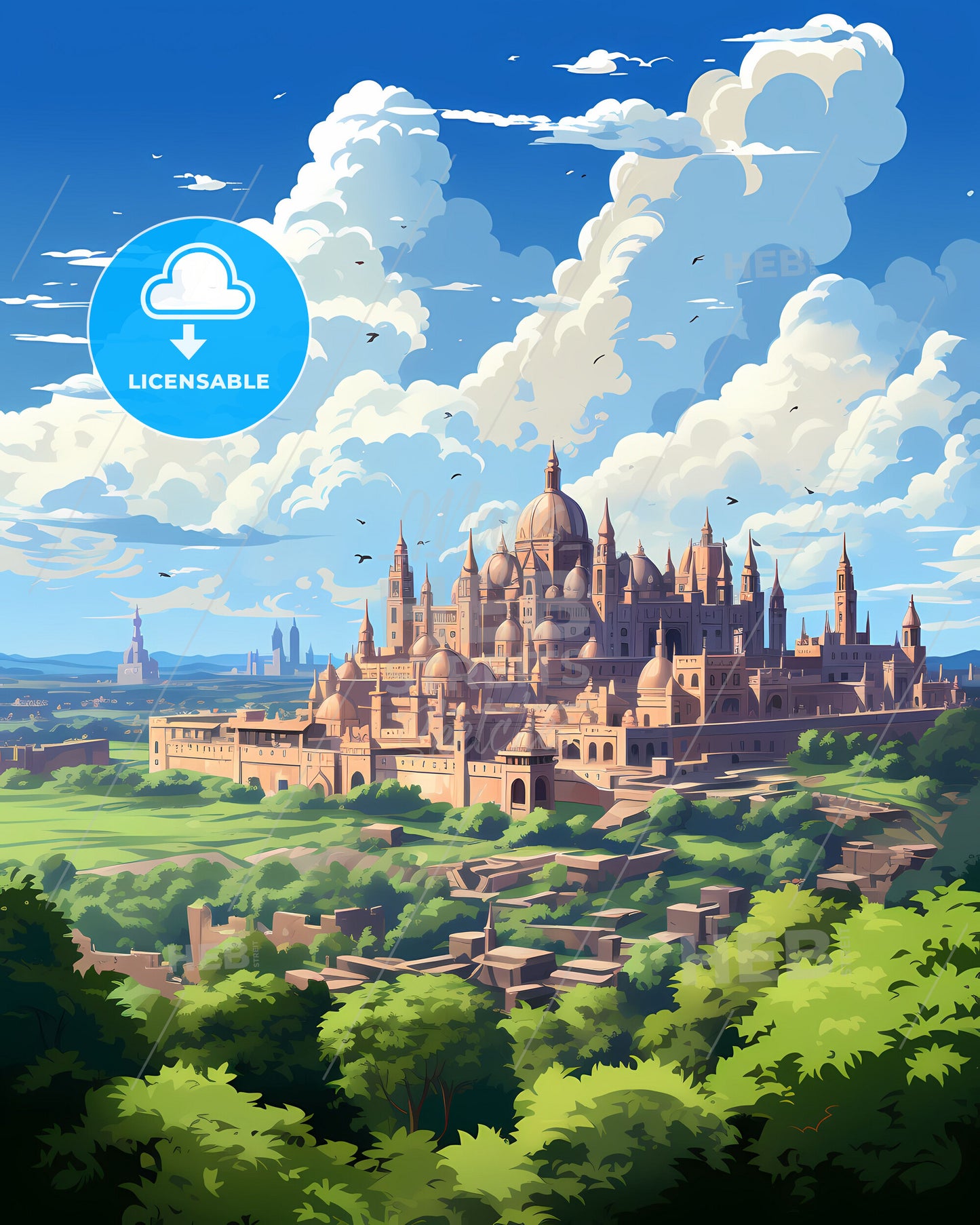 Painting of Colorful Agra India Building Skyline with Towers and Trees