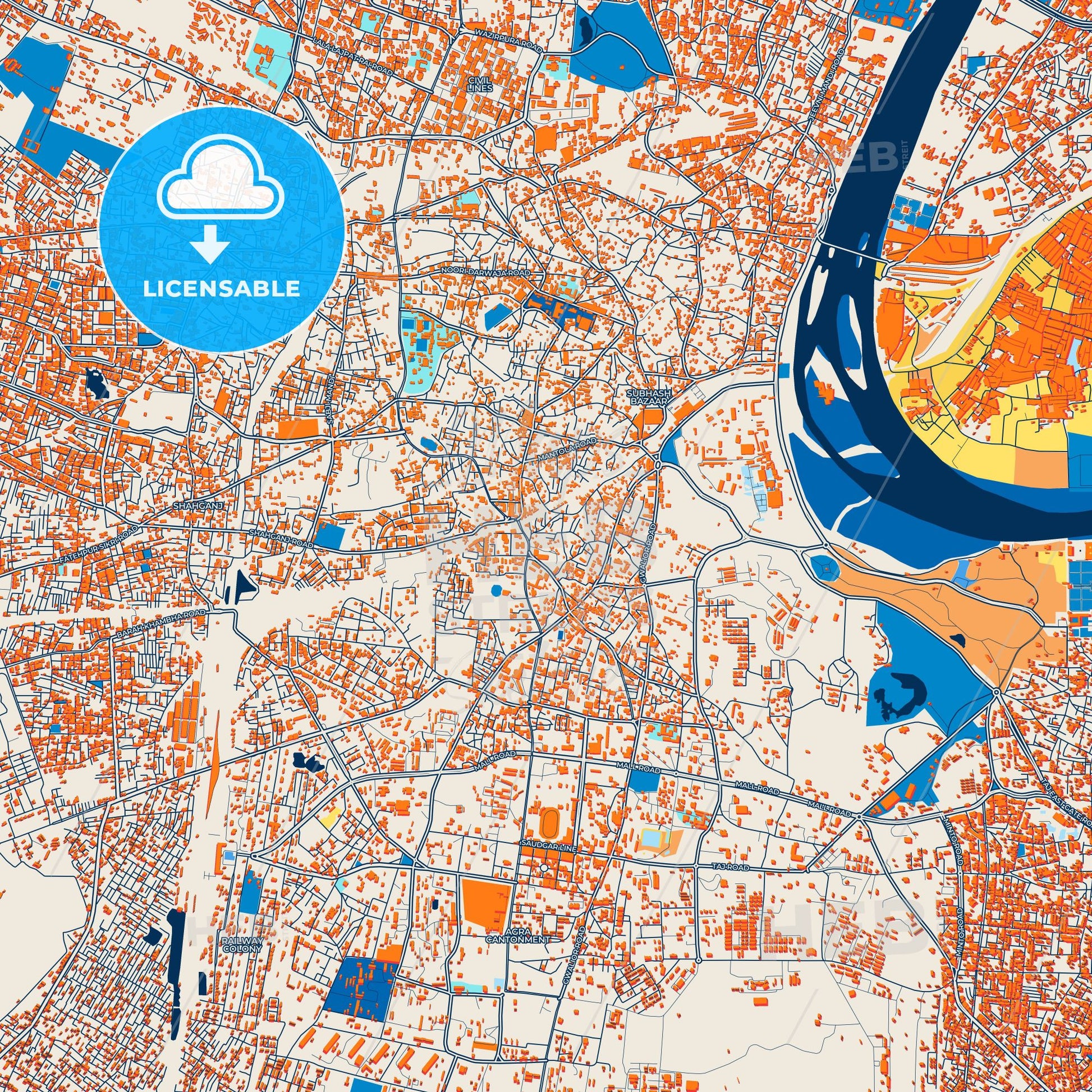 Colorful Agra Street Map with Labels and Buildings