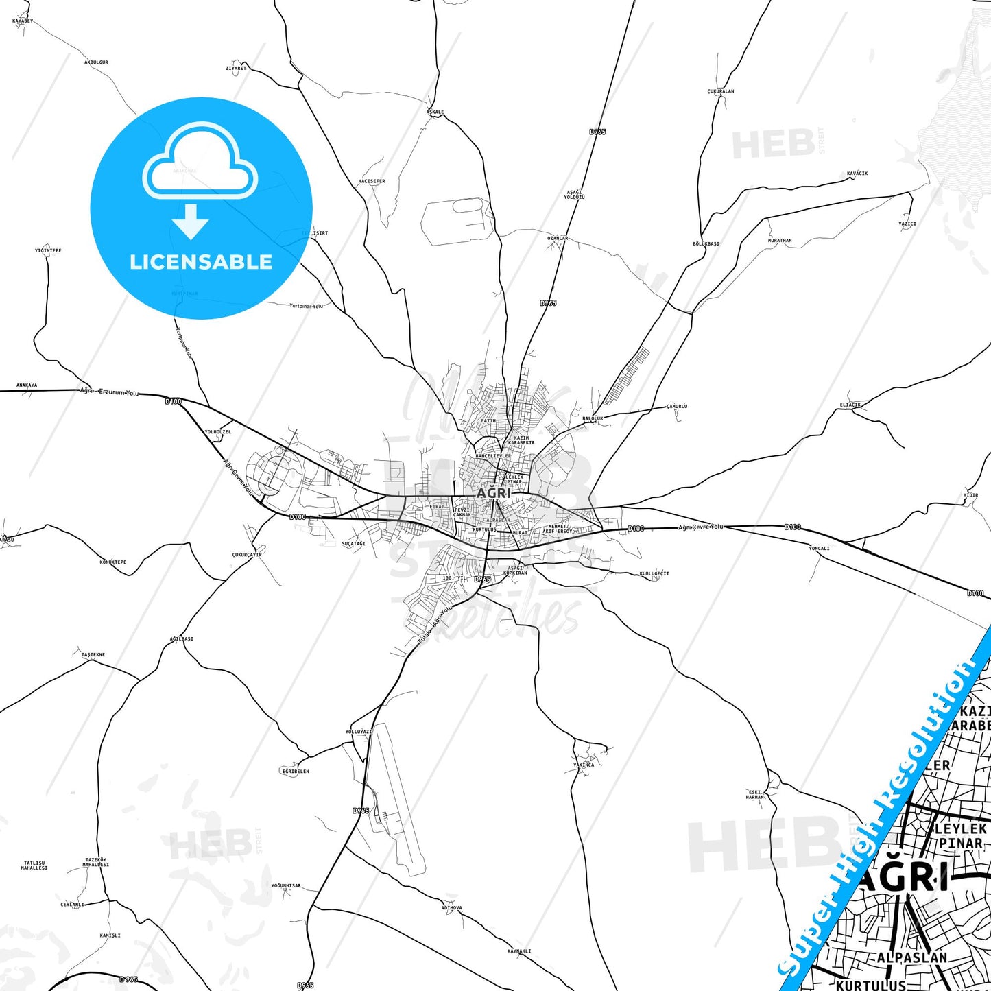 Ağrı, Turkey light map with streetnames, citynames and districts