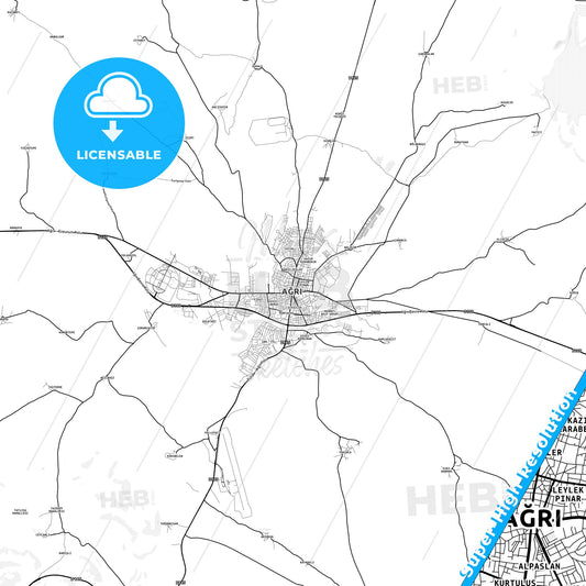 Ağrı, Turkey light map with streetnames, citynames and districts