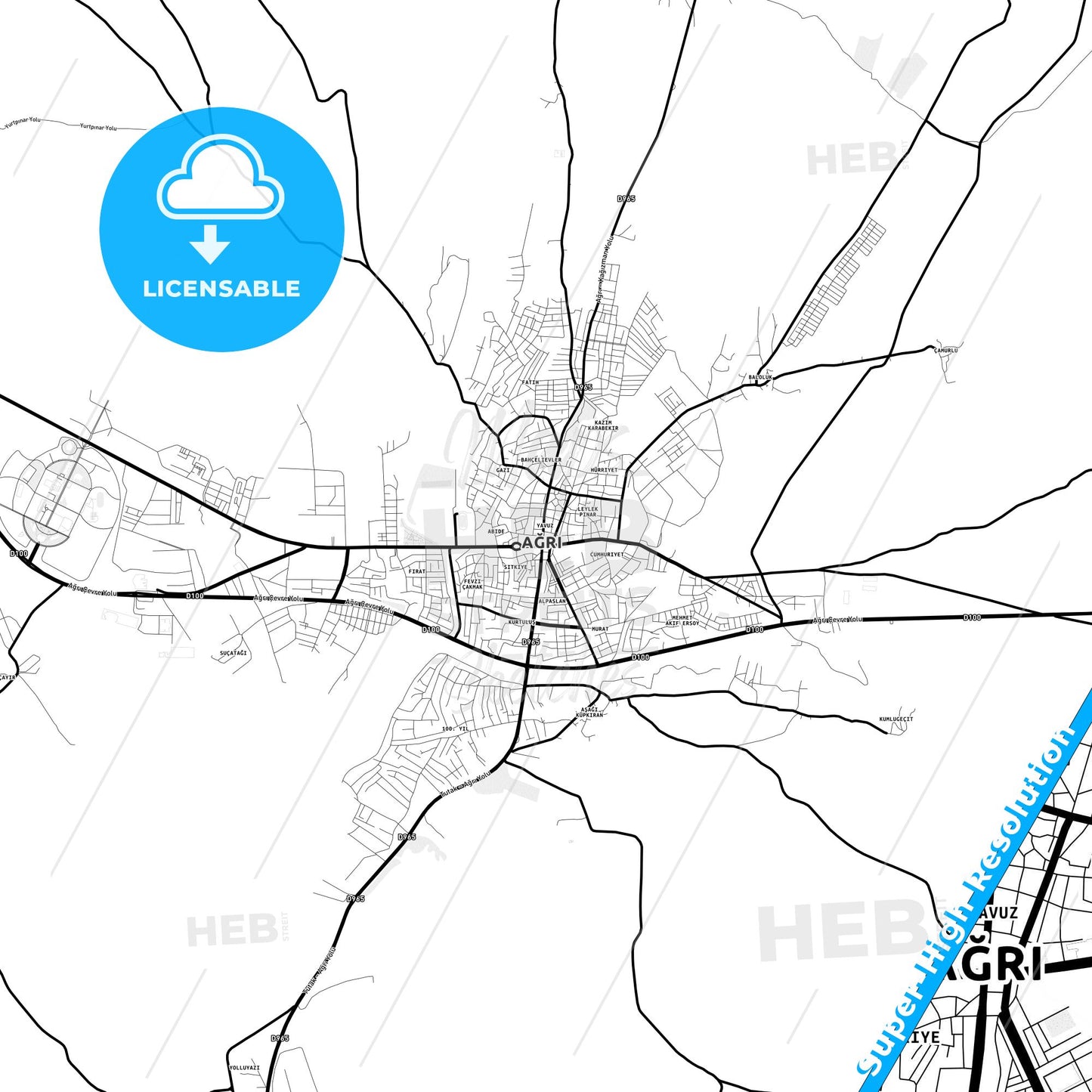 Ağrı, Turkey Light Map with Street Names, City Names, and Districts