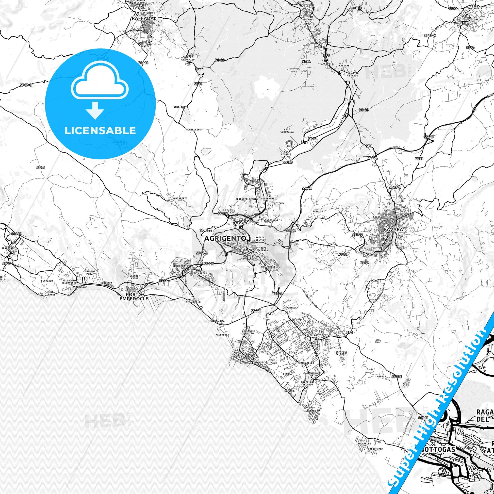 Agrigento, Italy light map with streetnames, citynames and districts