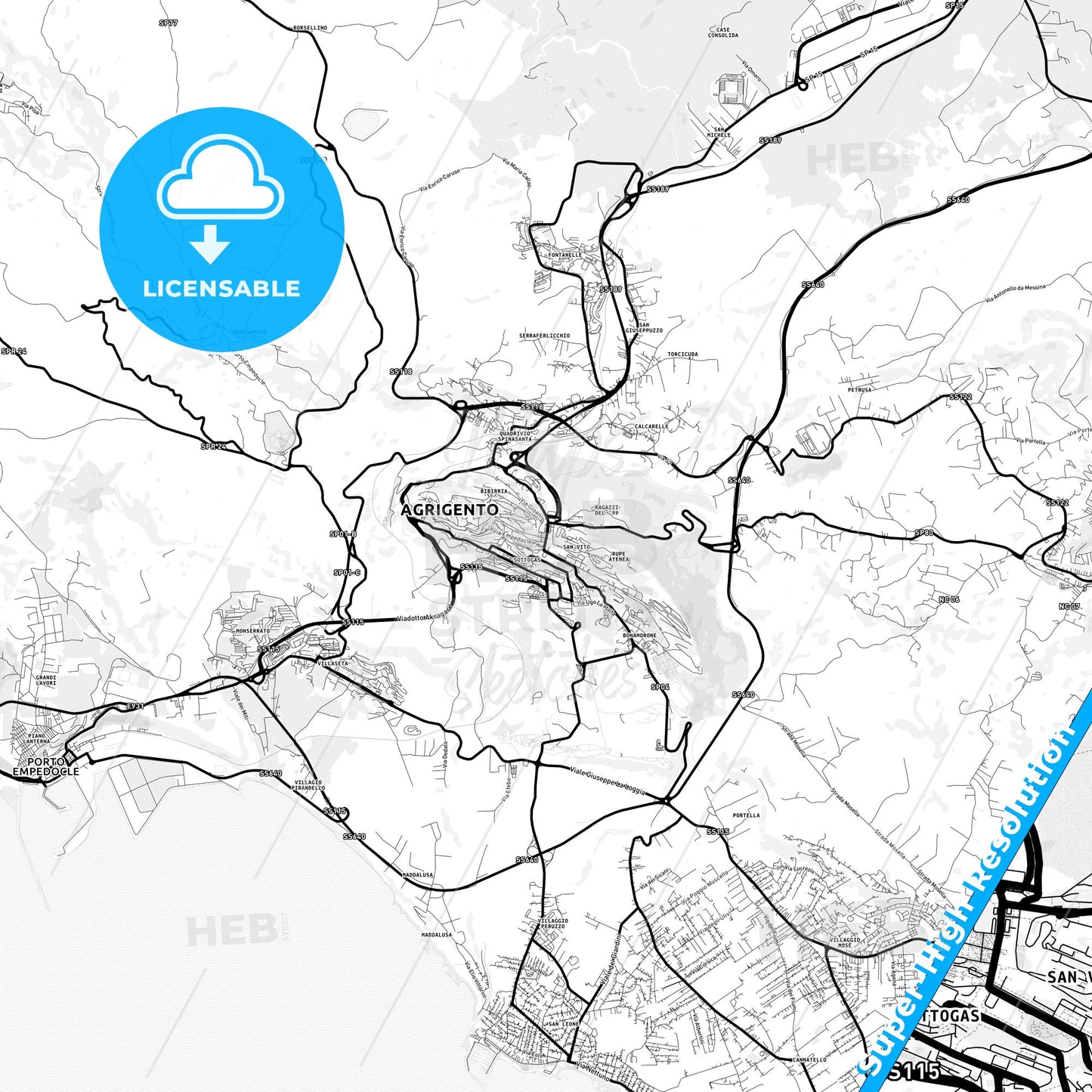 Agrigento, Italy Light Map with Street Names, City Names, and Districts
