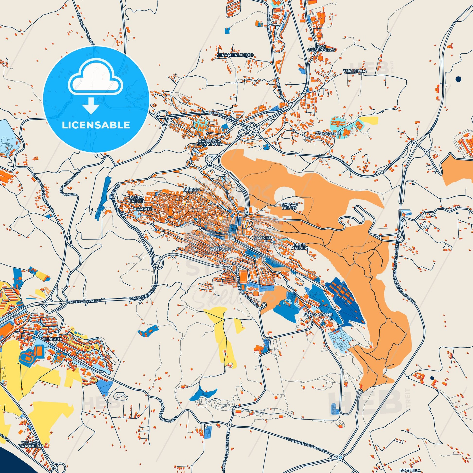 Colorful Agrigento Street Map with Labels and Buildings