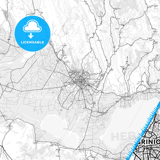 Agrinio, Greece light map with streetnames, citynames and districts