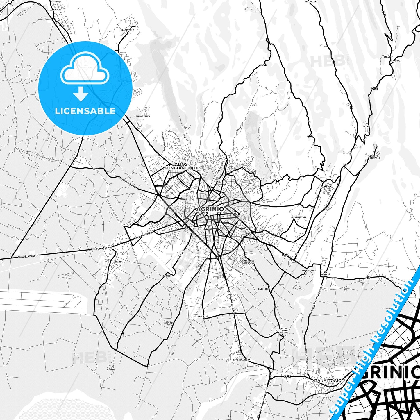 Agrinio, Greece Light Map with Street Names, City Names, and Districts