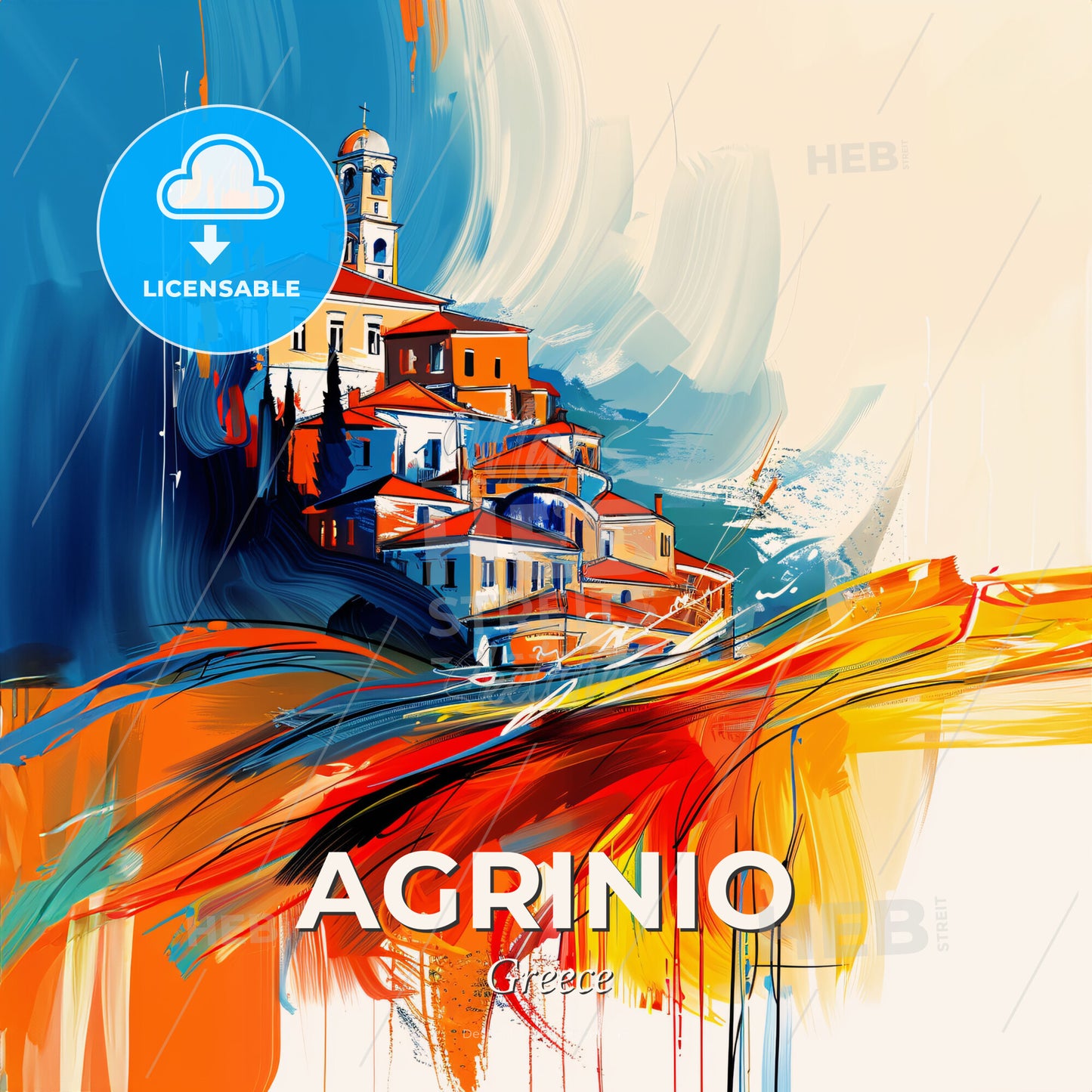 Vibrant Agrinio, Greece - A Painting Of A Building On A Hill - Square format print template