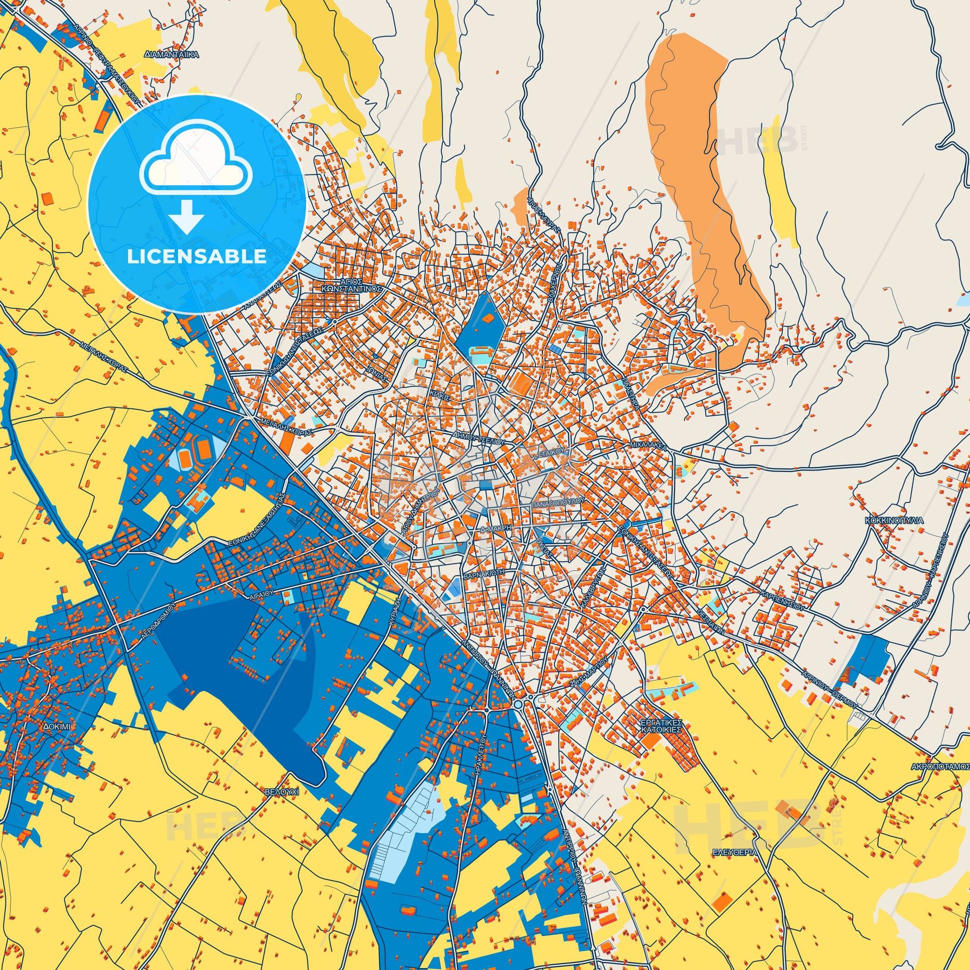 Colorful Agrinio Street Map with Labels and Buildings