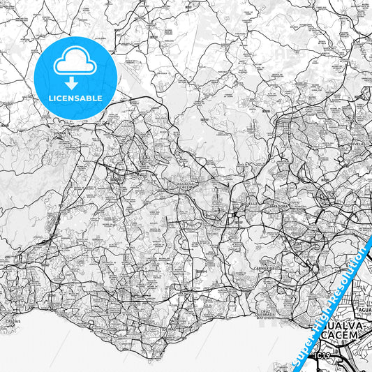 Agualva-Cacém, Portugal light map with streetnames, citynames and districts