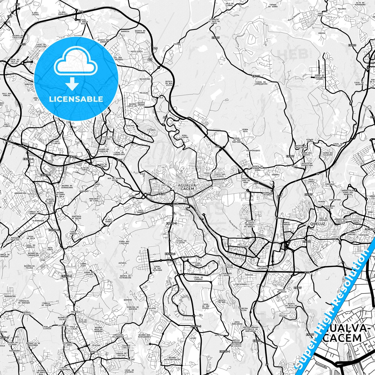 Agualva-Cacém, Portugal Light Map with Street Names, City Names, and Districts