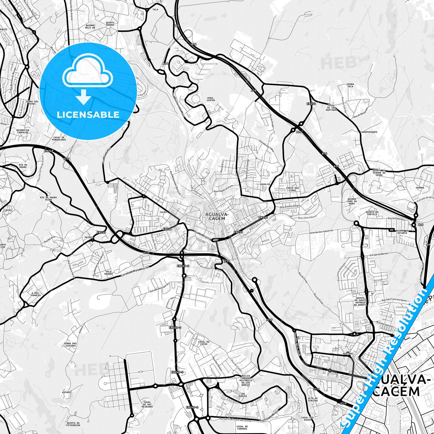 Agualva-Cacém, Portugal Light Map with Street Names, City Names, and Districts