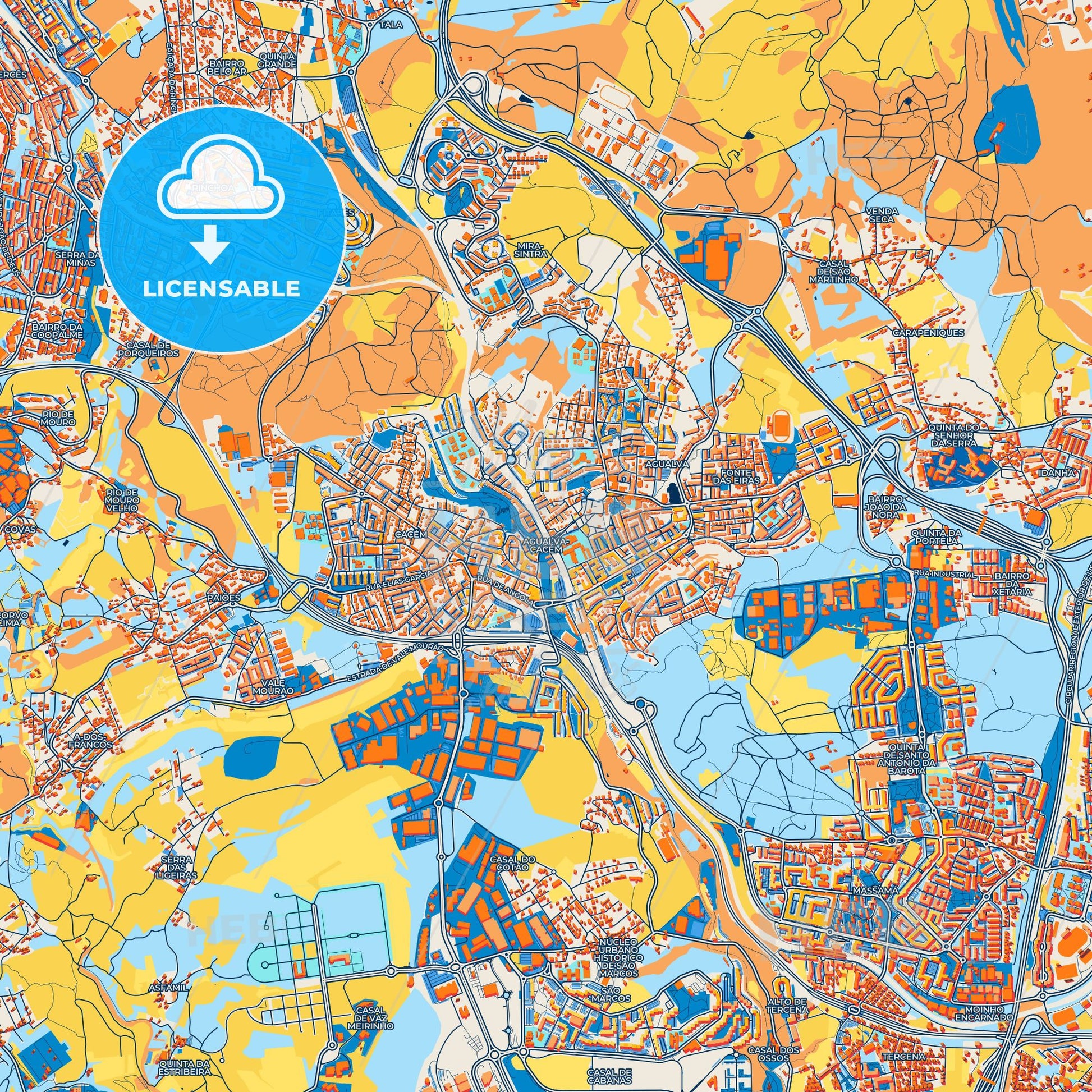 Colorful Agualva-Cacém Street Map with Labels and Buildings