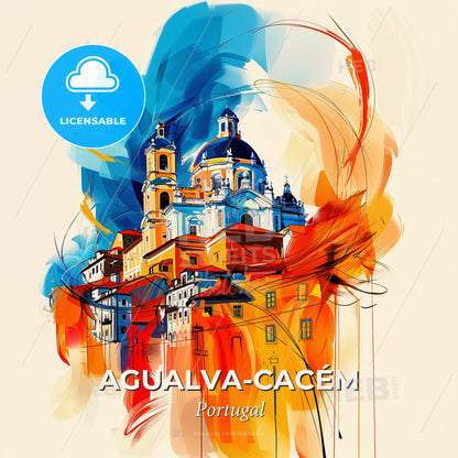 Vibrant Agualva-Cacém, Portugal - A Painting Of A Building With A Dome And A Blue And Orange Background - Square format print template