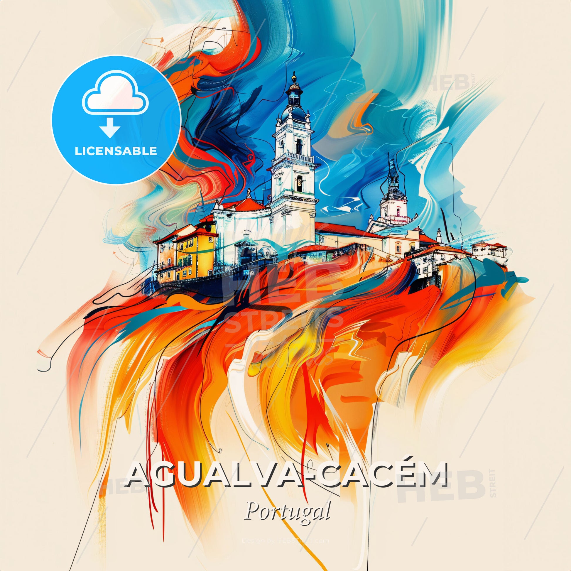 Vibrant Agualva-Cacém, Portugal - A Painting Of A Building On A Hill - Square format print template