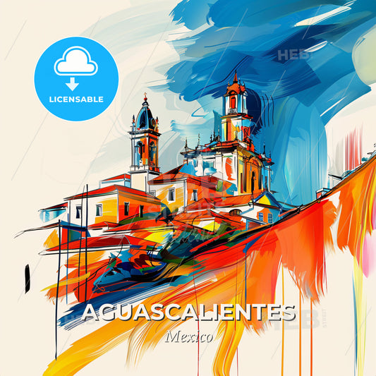 Vibrant Aguascalientes, Mexico - A Painting Of A Building On A Hill - Square format print template