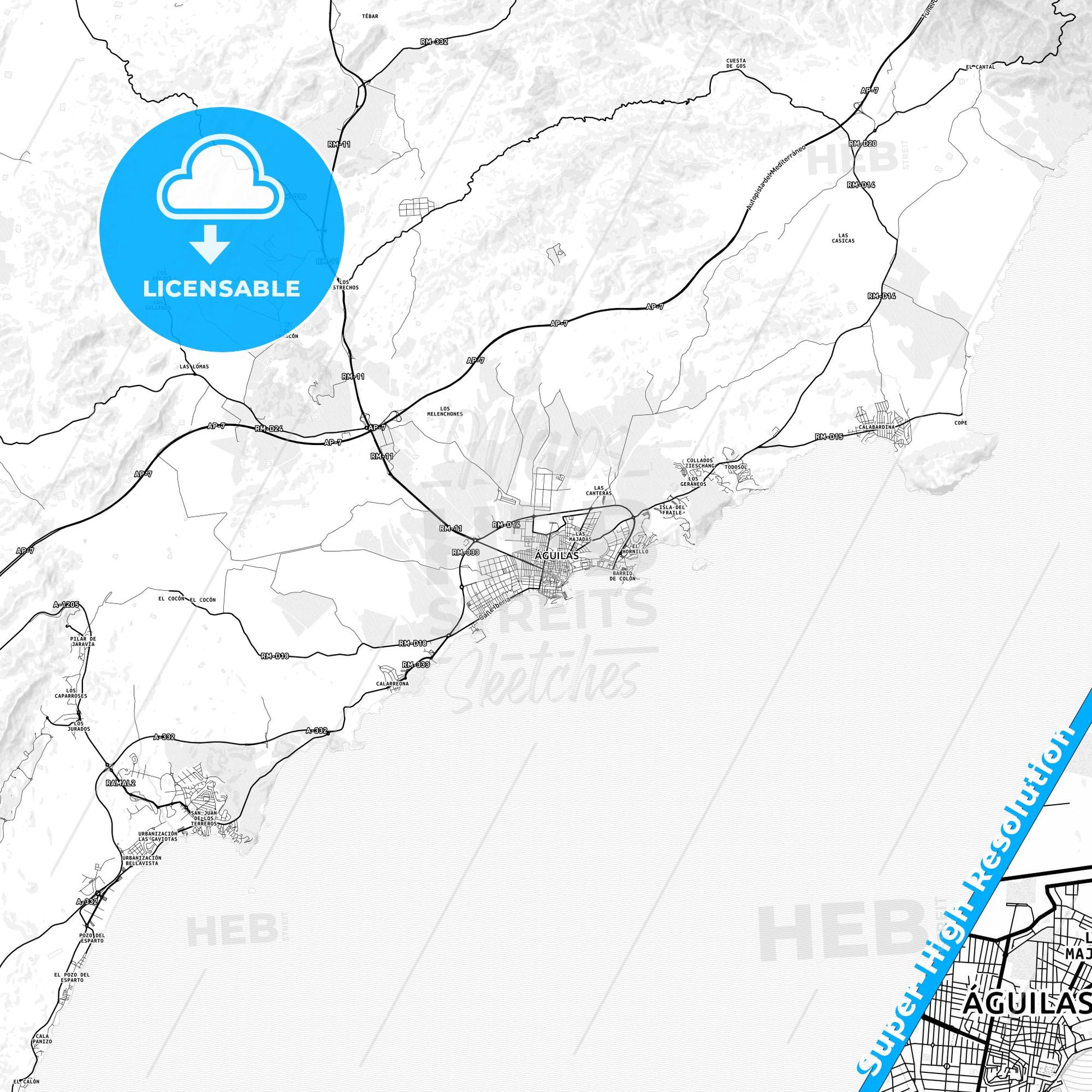 Águilas, Spain light map with streetnames, citynames and districts