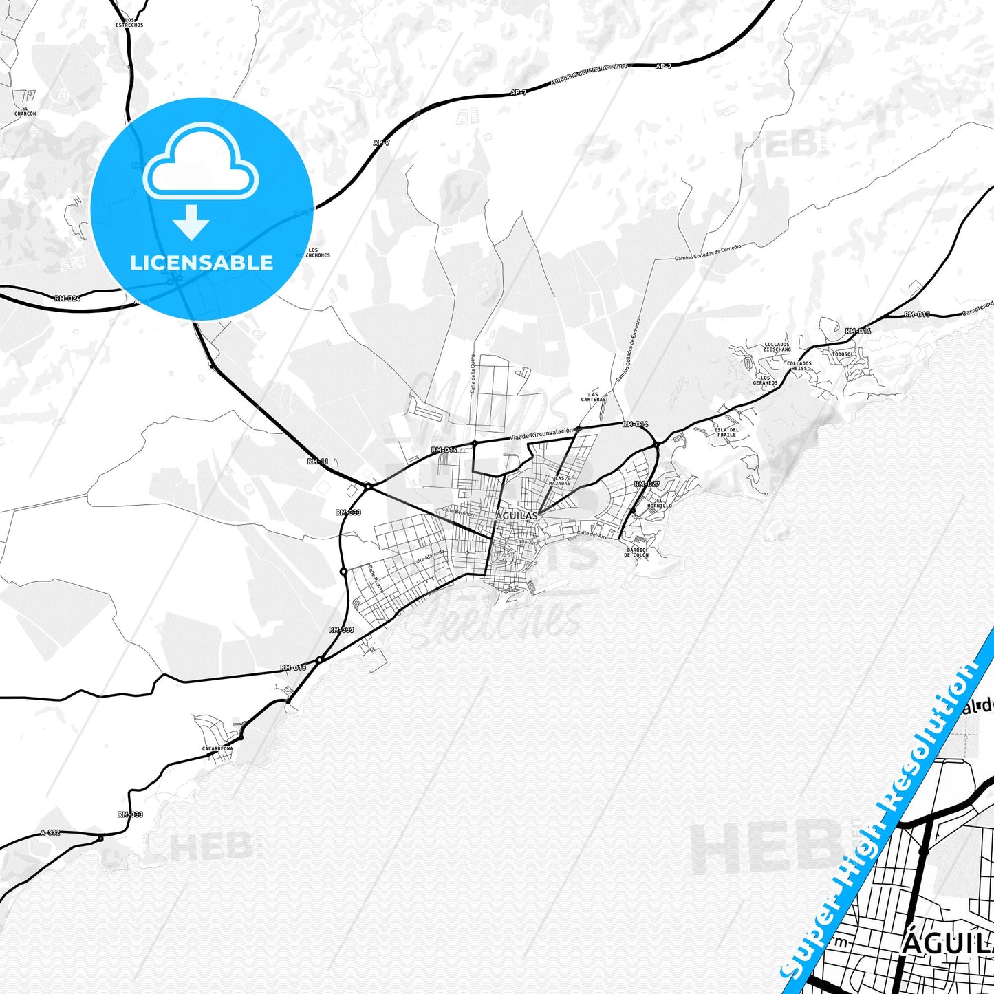 Águilas, Spain Light Map with Street Names, City Names, and Districts
