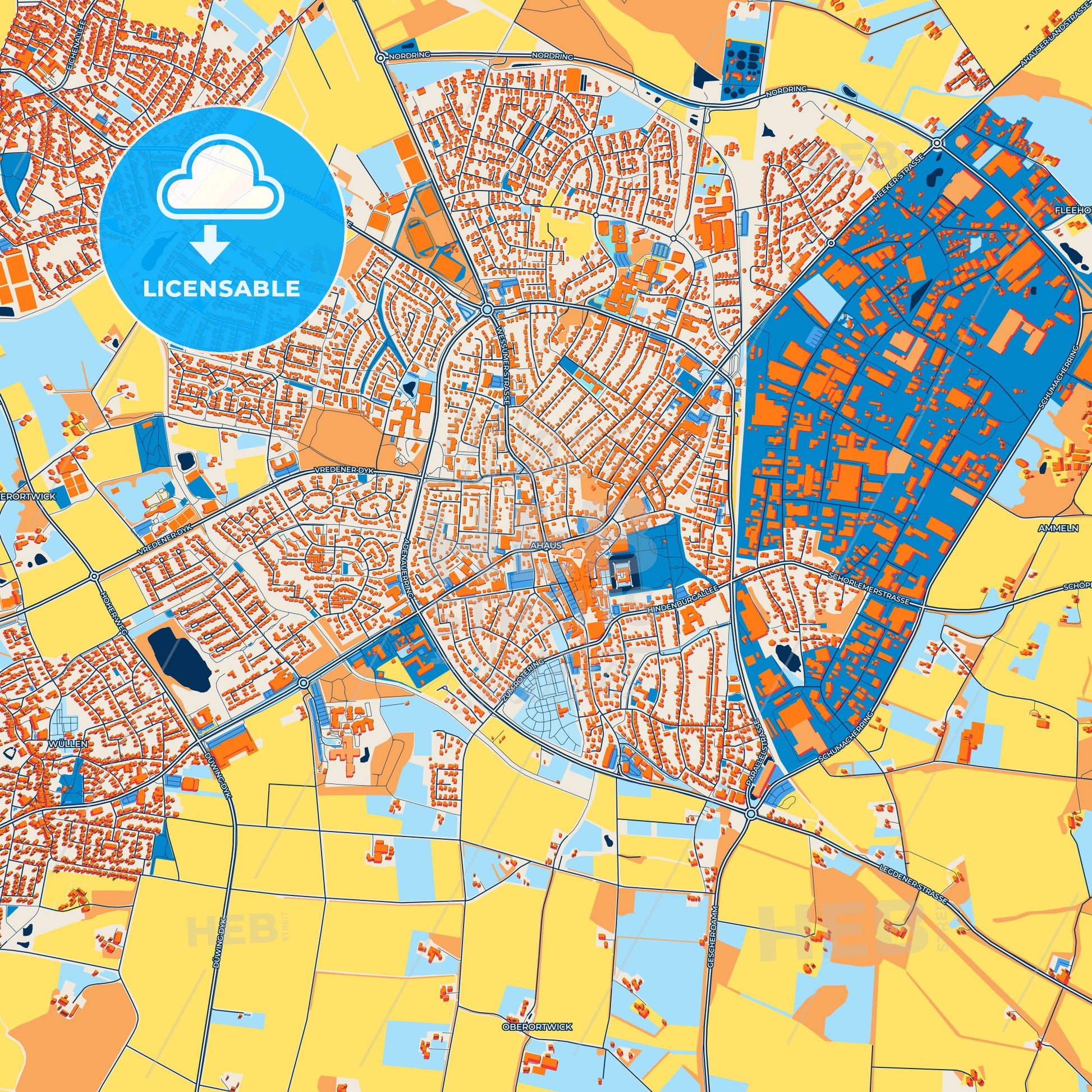 Colorful Ahaus Street Map with Labels and Buildings