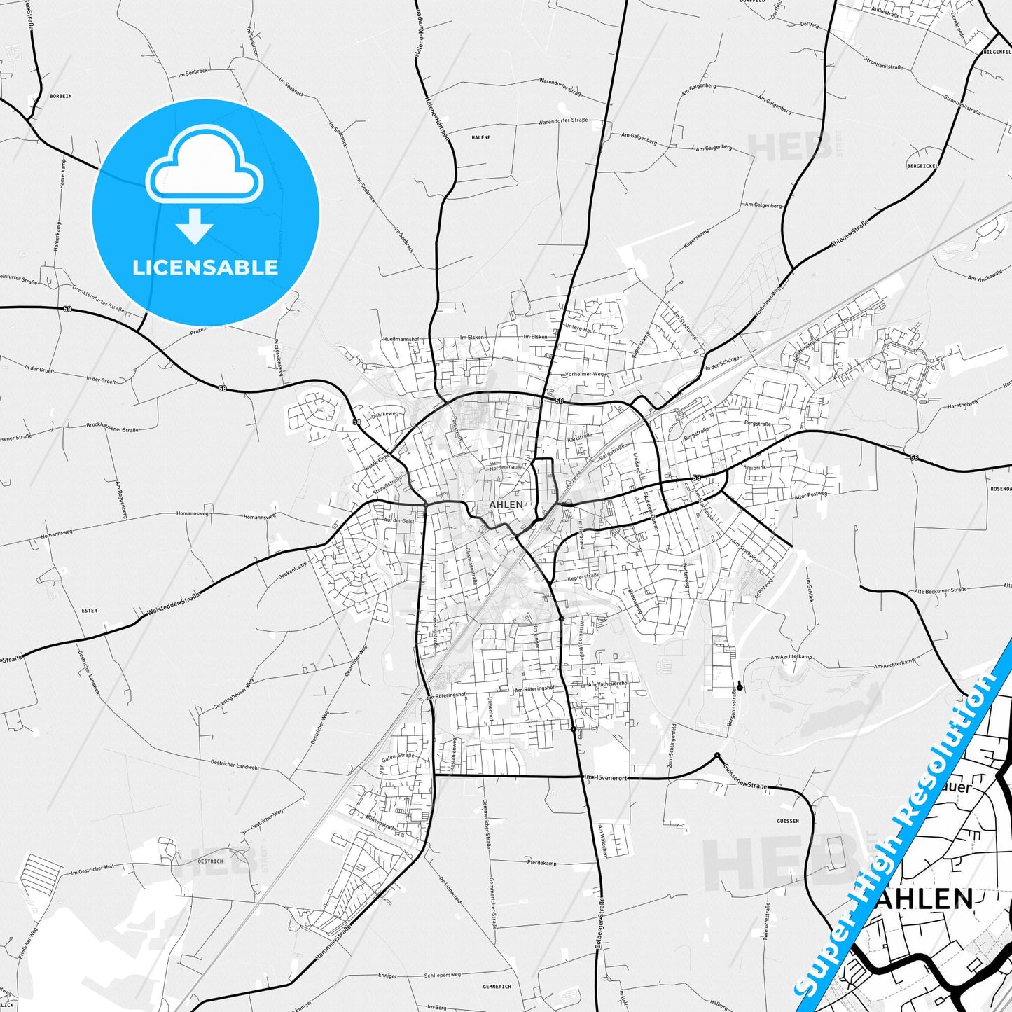 Ahlen, Germany Light Map with Street Names, City Names, and Districts