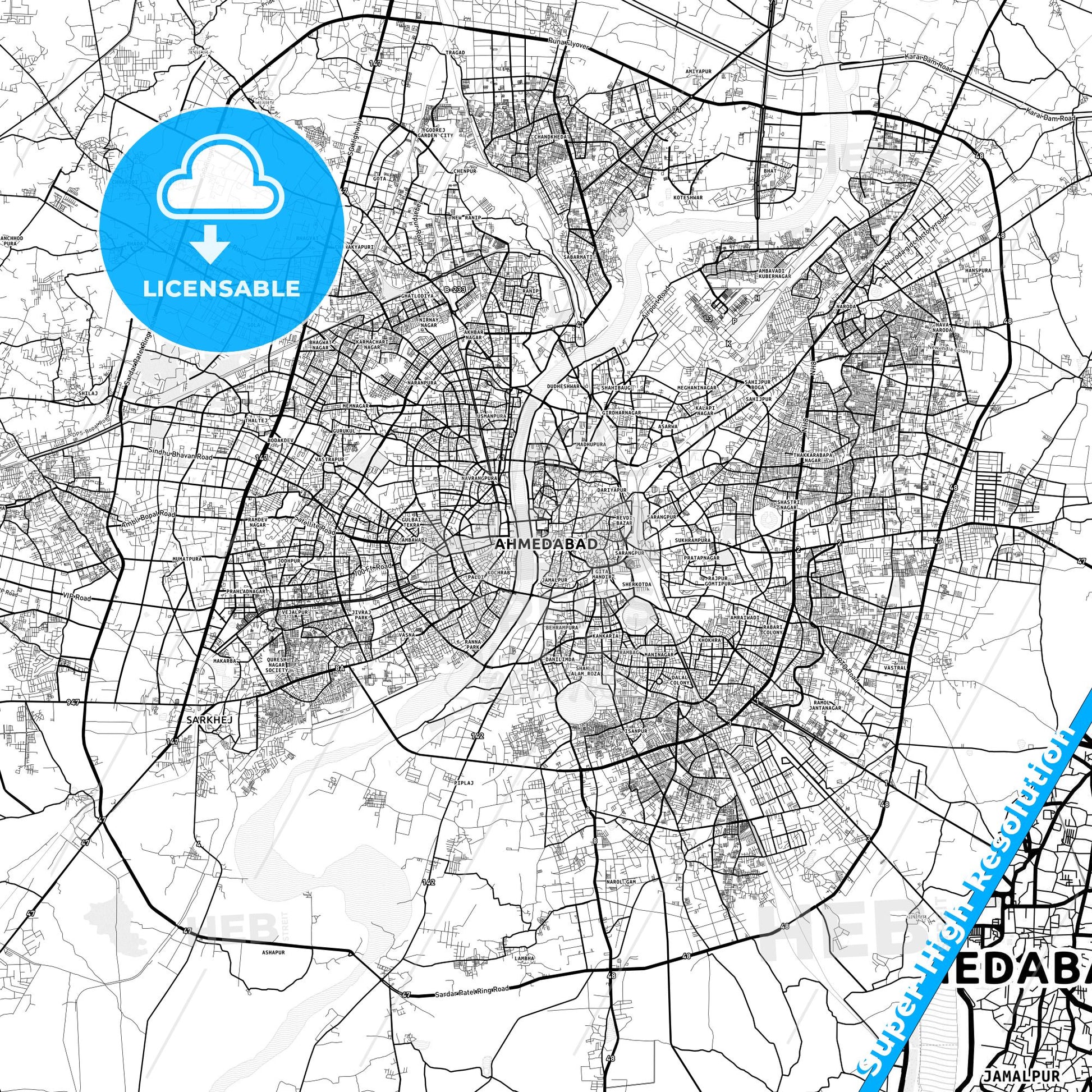 Ahmedabad, India light map with streetnames, citynames and districts