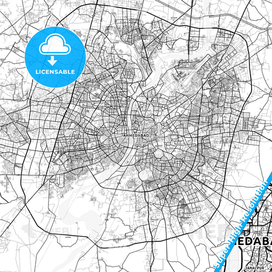 Ahmedabad, India light map with streetnames, citynames and districts