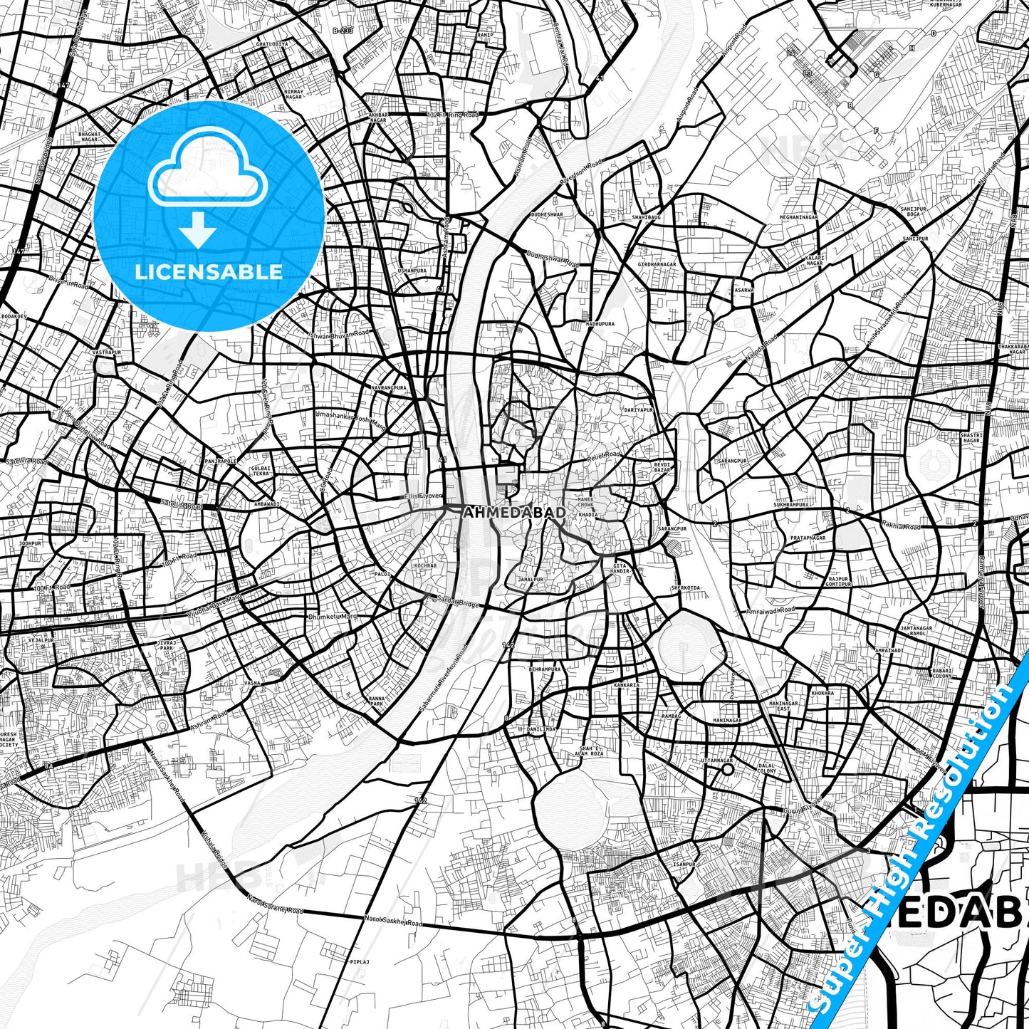 Ahmedabad, India Light Map with Street Names, City Names, and Districts