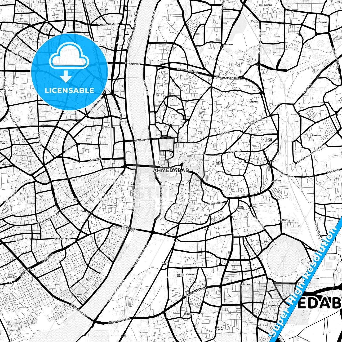 Ahmedabad, India Light Map with Street Names, City Names, and Districts
