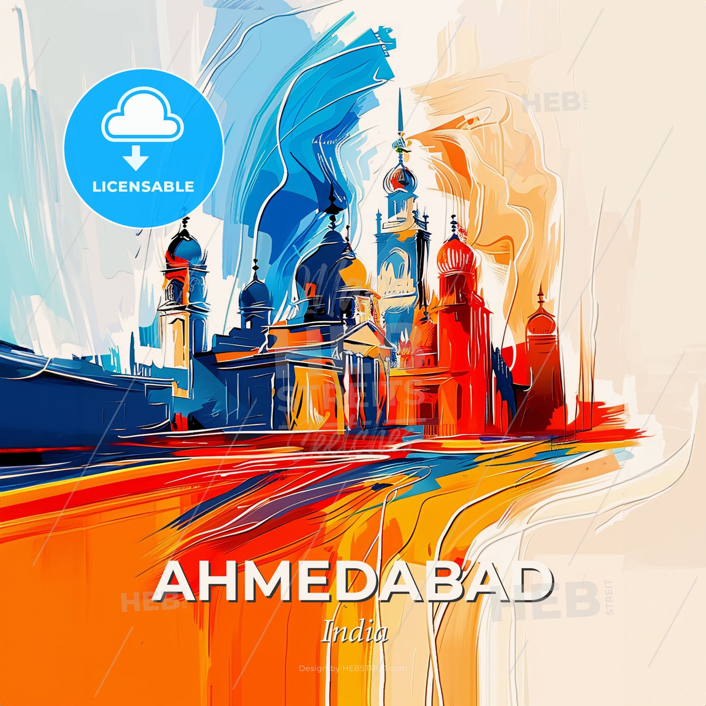Vibrant Ahmedabad, India - A Painting Of A Building With Domes - Square format print template