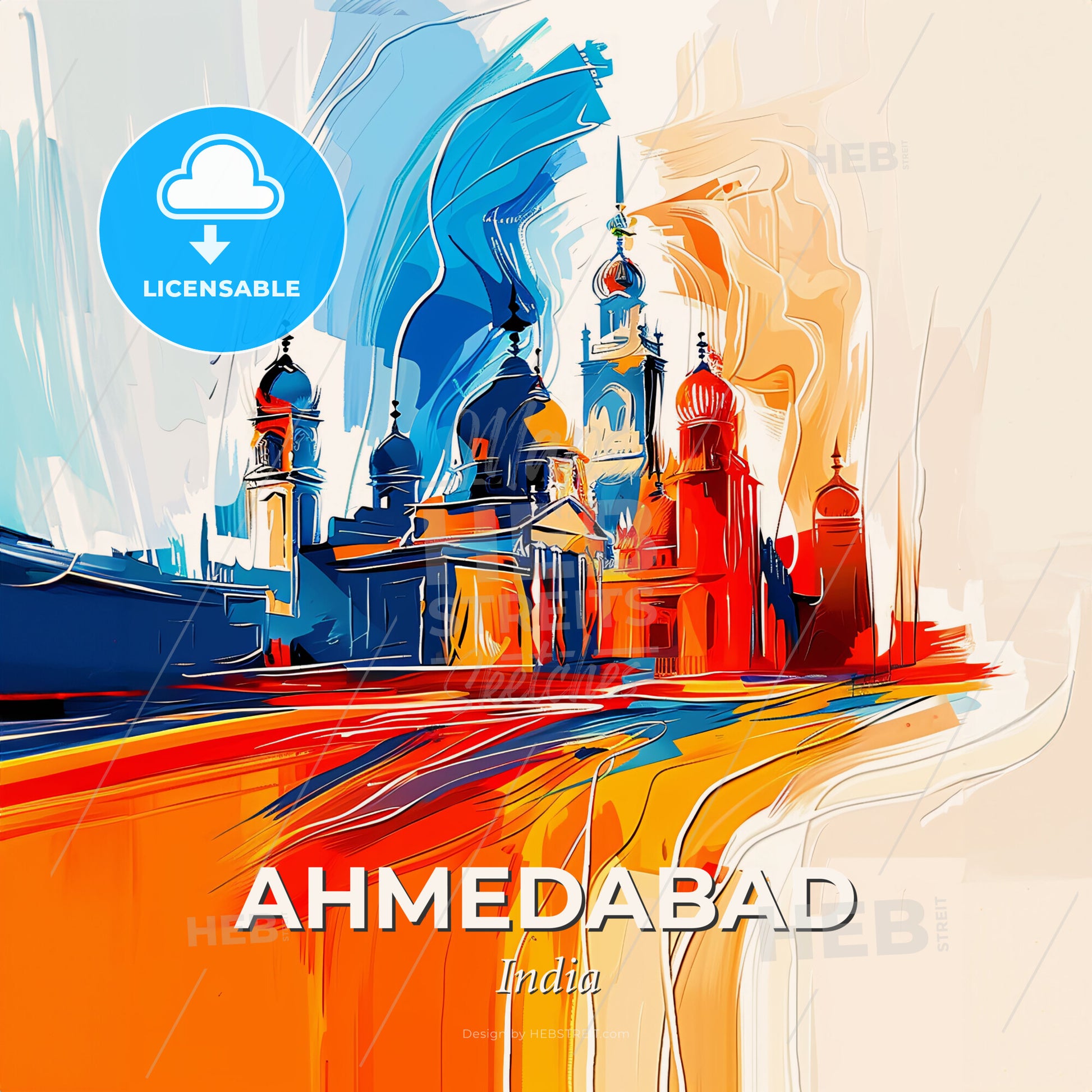 Vibrant Ahmedabad, India - A Painting Of A Building With Domes - Square format print template