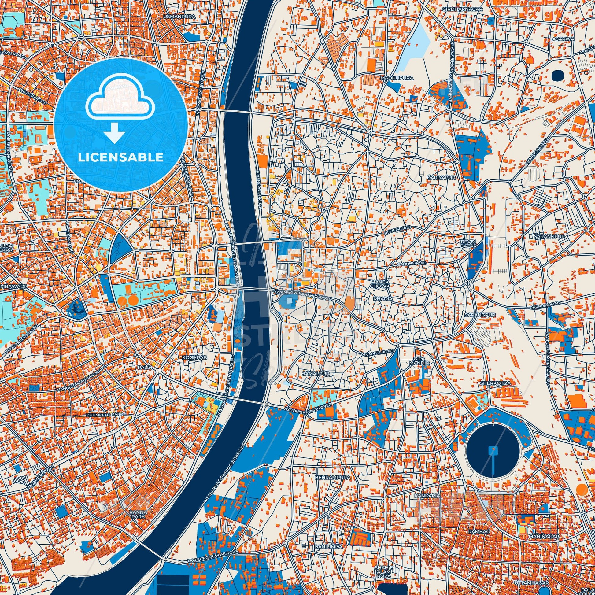 Colorful Ahmedabad Street Map with Labels and Buildings