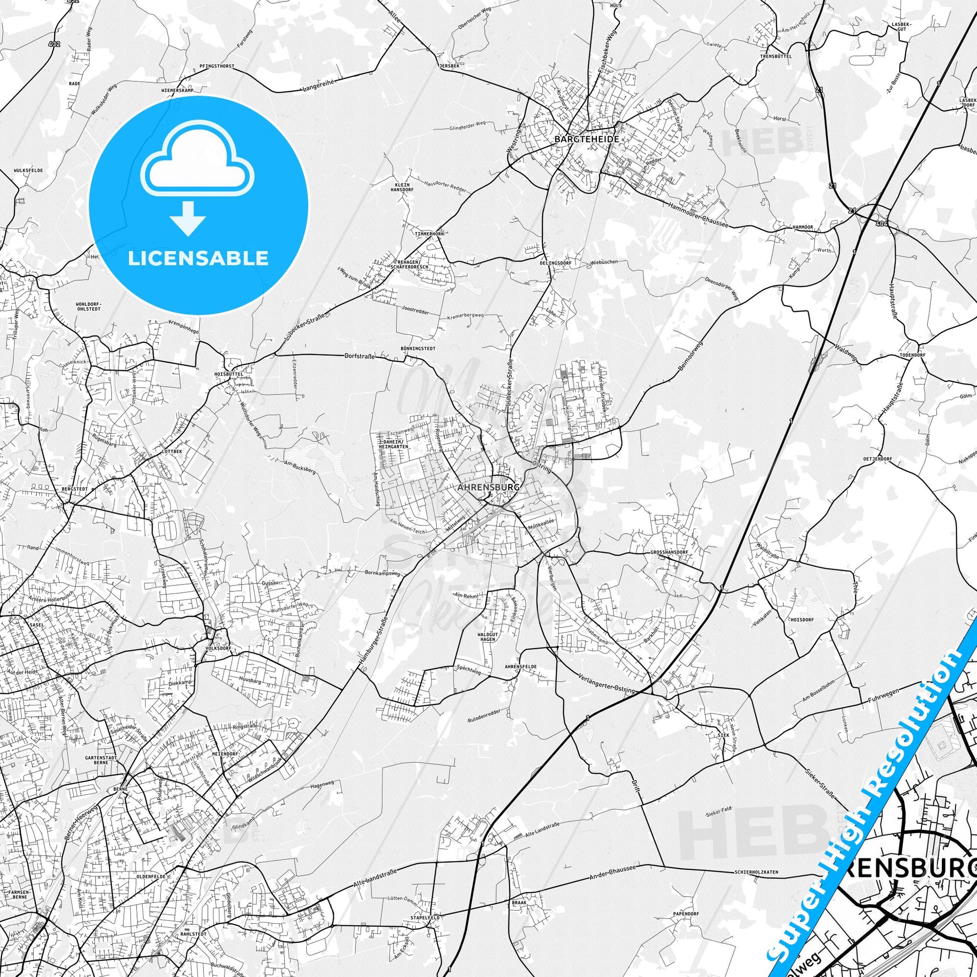 Ahrensburg, Germany light map with streetnames, citynames and districts