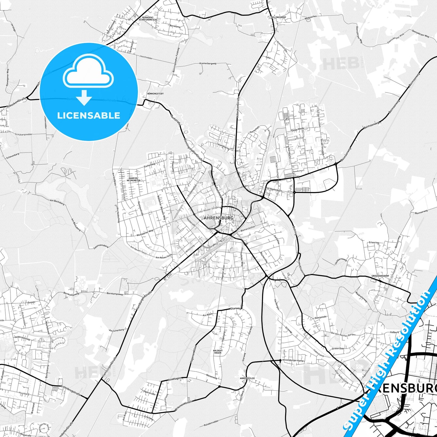Ahrensburg, Germany Light Map with Street Names, City Names, and Districts