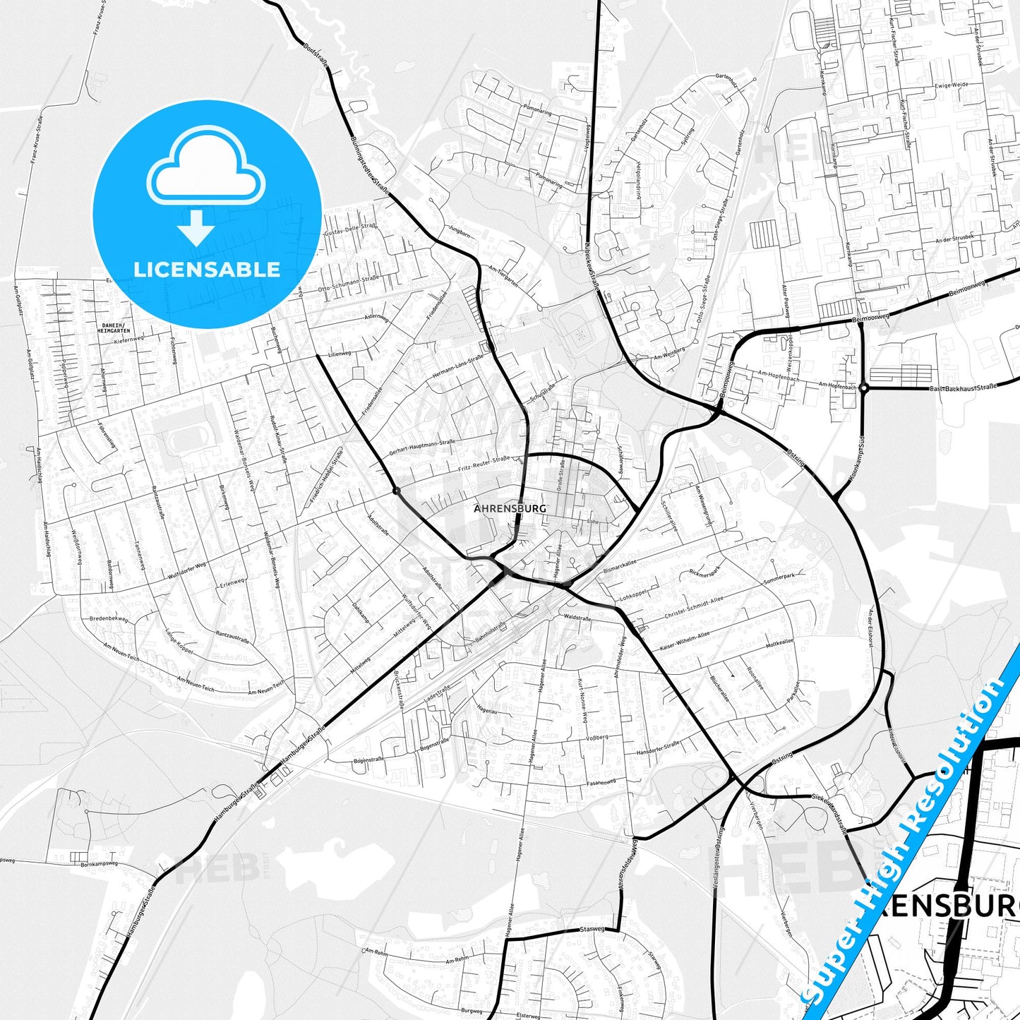 Ahrensburg, Germany Light Map with Street Names, City Names, and Districts