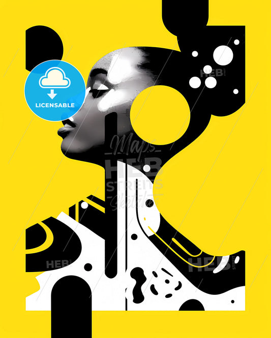 Vibrant Black and Yellow Election-Themed Artwork Featuring Female Figure and Geometric Shapes on Yellow Background