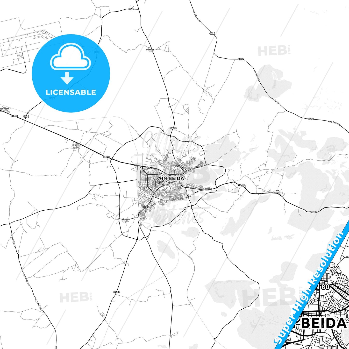 Ain Beida, Algeria light map with streetnames, citynames and districts