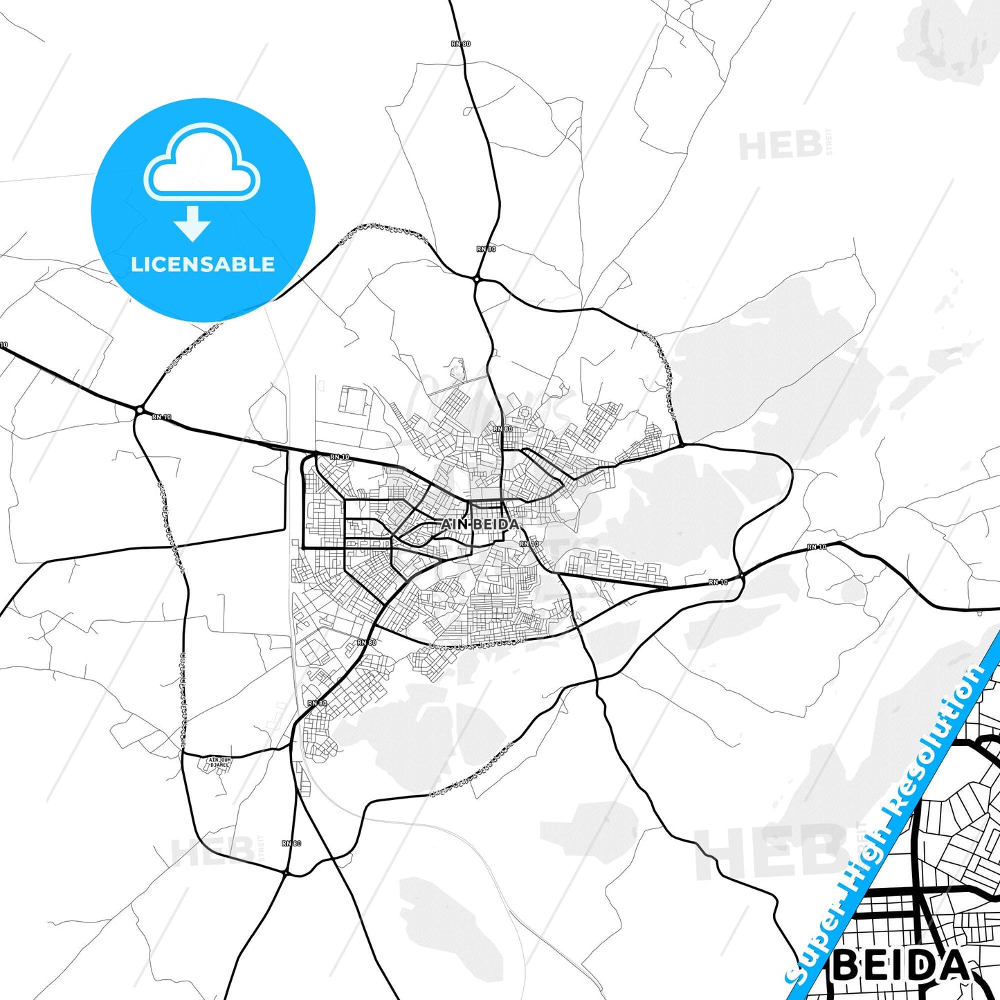 Ain Beida, Algeria Light Map with Street Names, City Names, and Districts