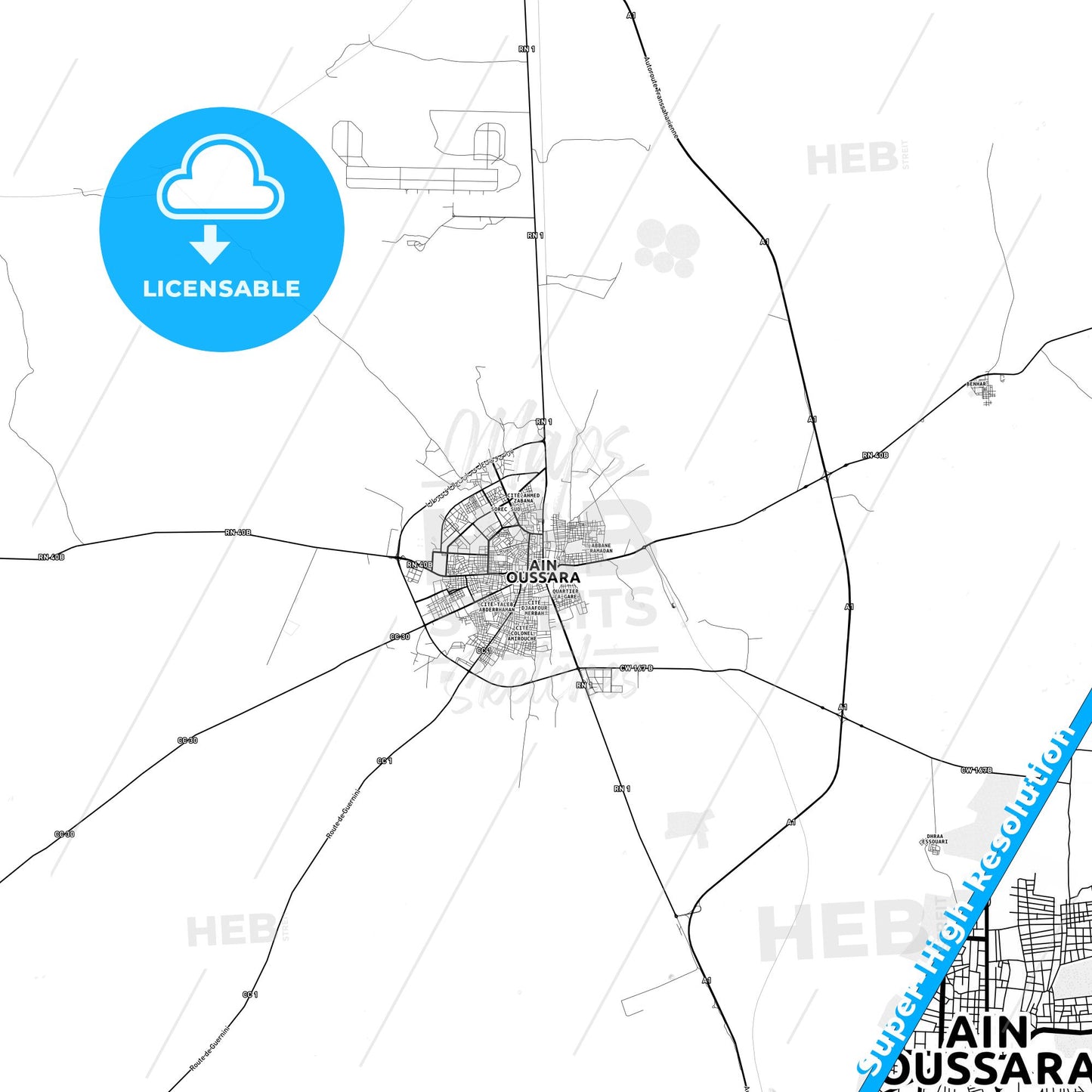 Ain Oussera, Algeria light map with streetnames, citynames and districts