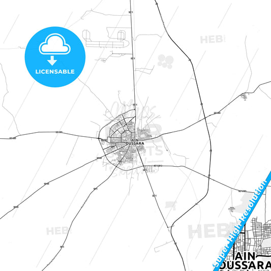 Ain Oussera, Algeria light map with streetnames, citynames and districts