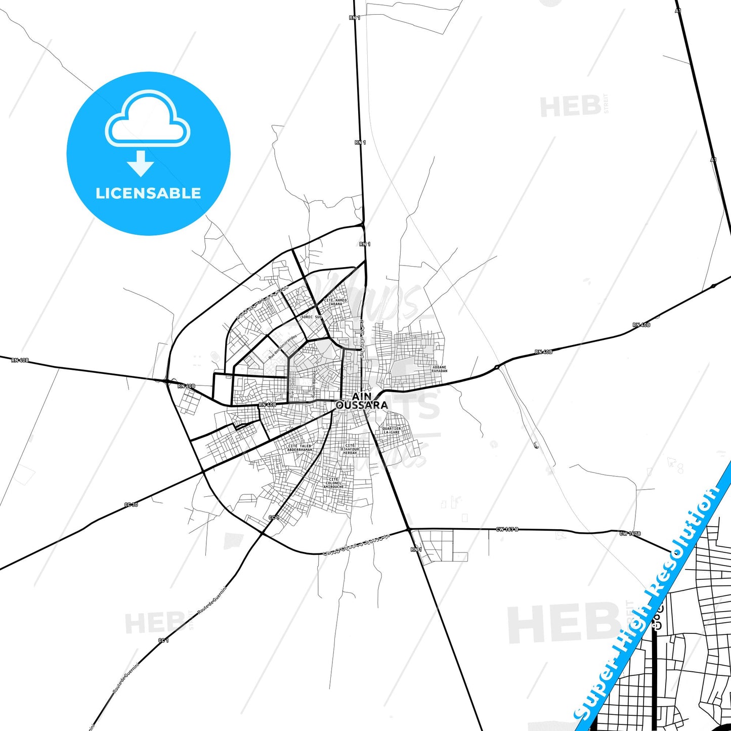 Ain Oussera, Algeria Light Map with Street Names, City Names, and Districts