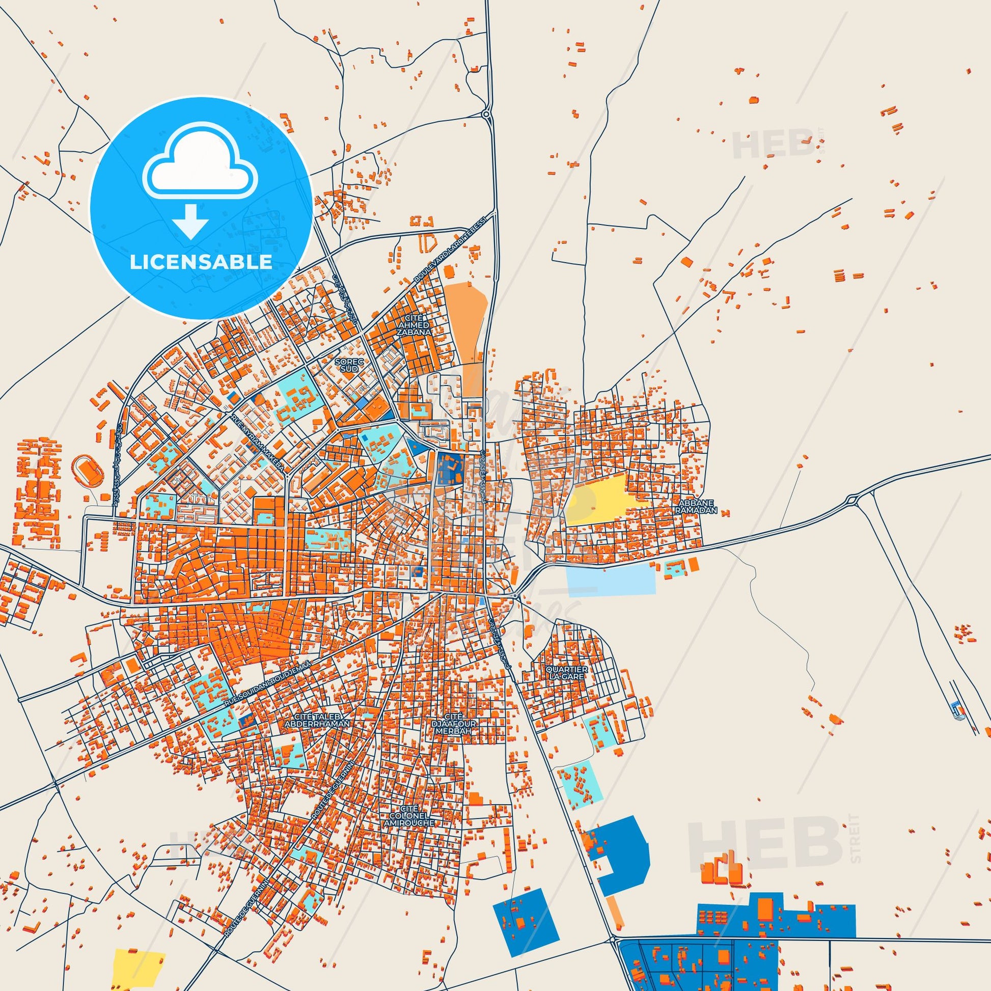 Colorful Ain Oussera Street Map with Labels and Buildings
