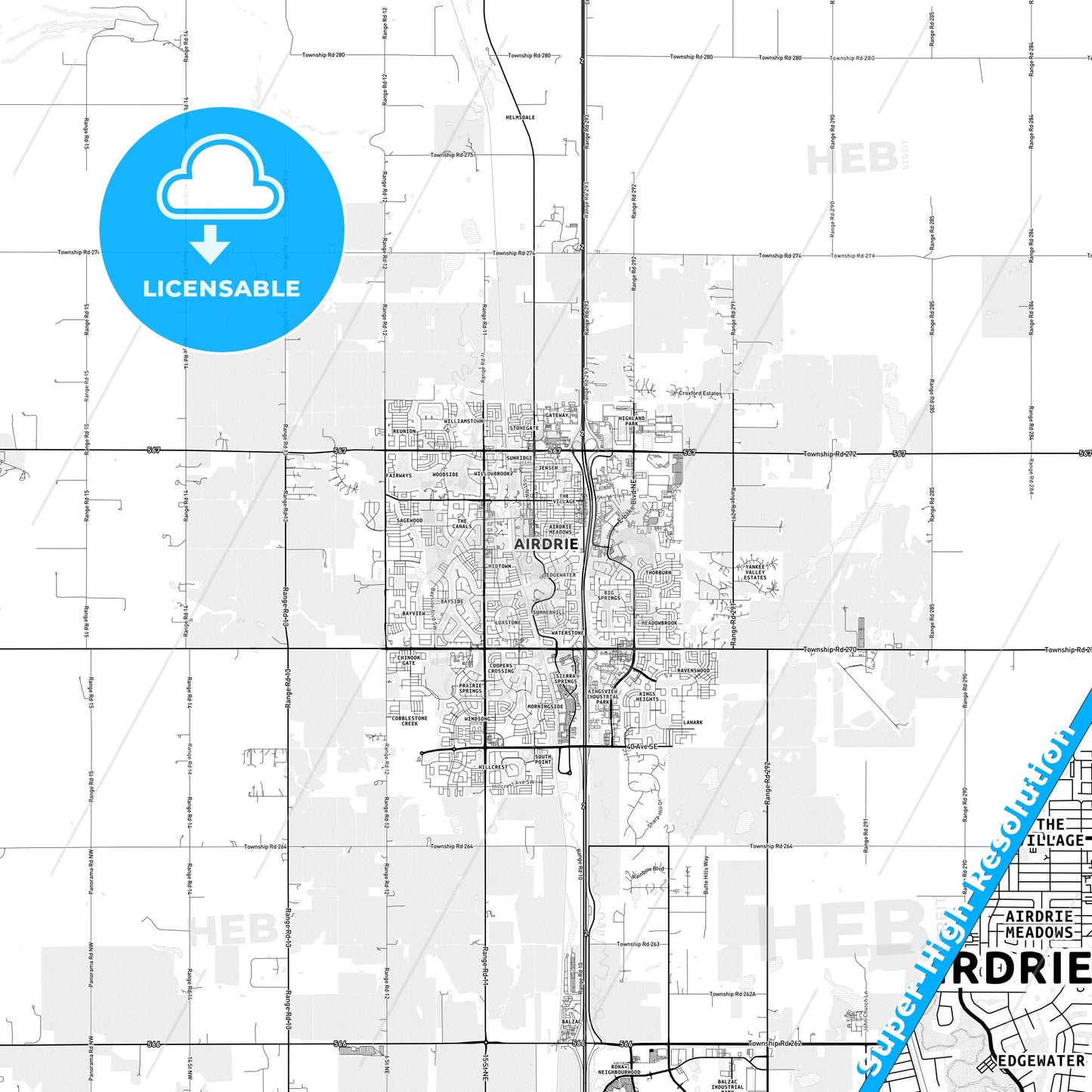 Airdrie, Canada light map with streetnames, citynames and districts