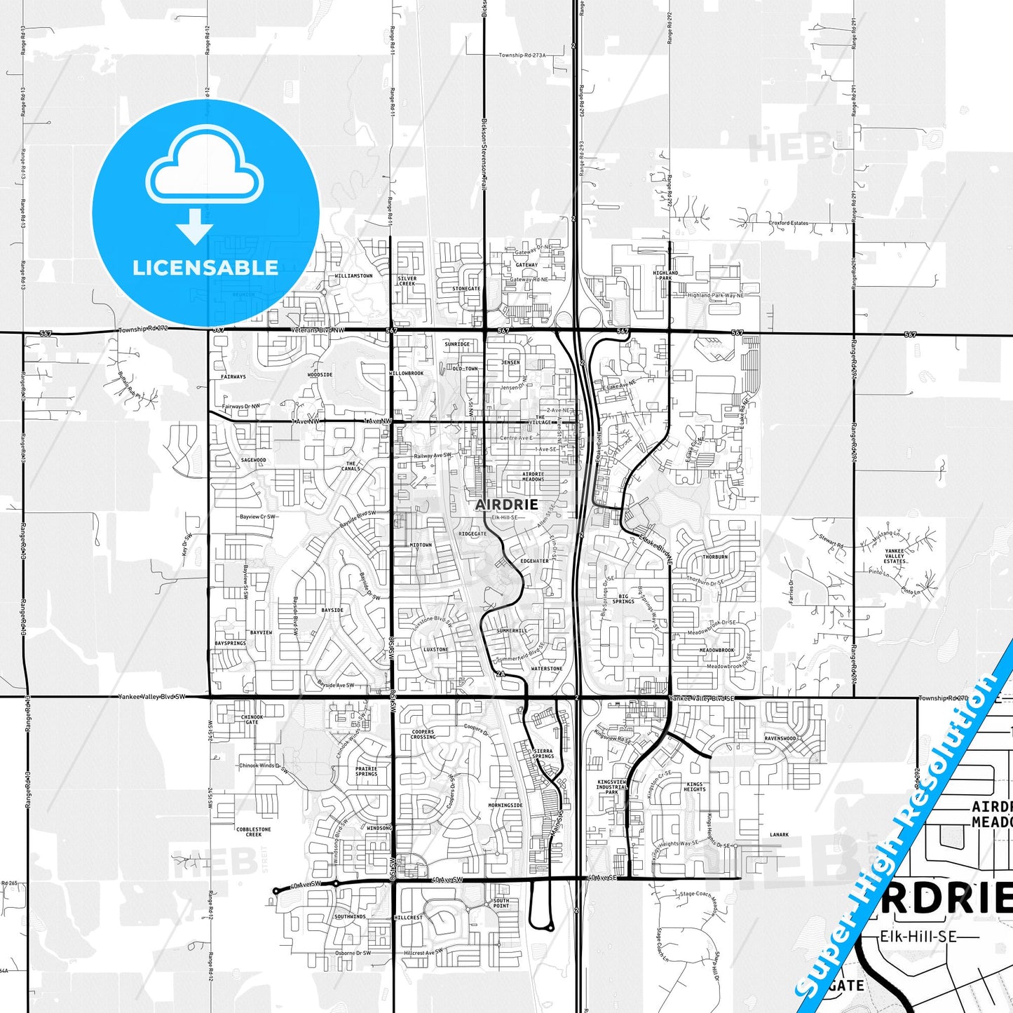Airdrie, Canada Light Map with Street Names, City Names, and Districts