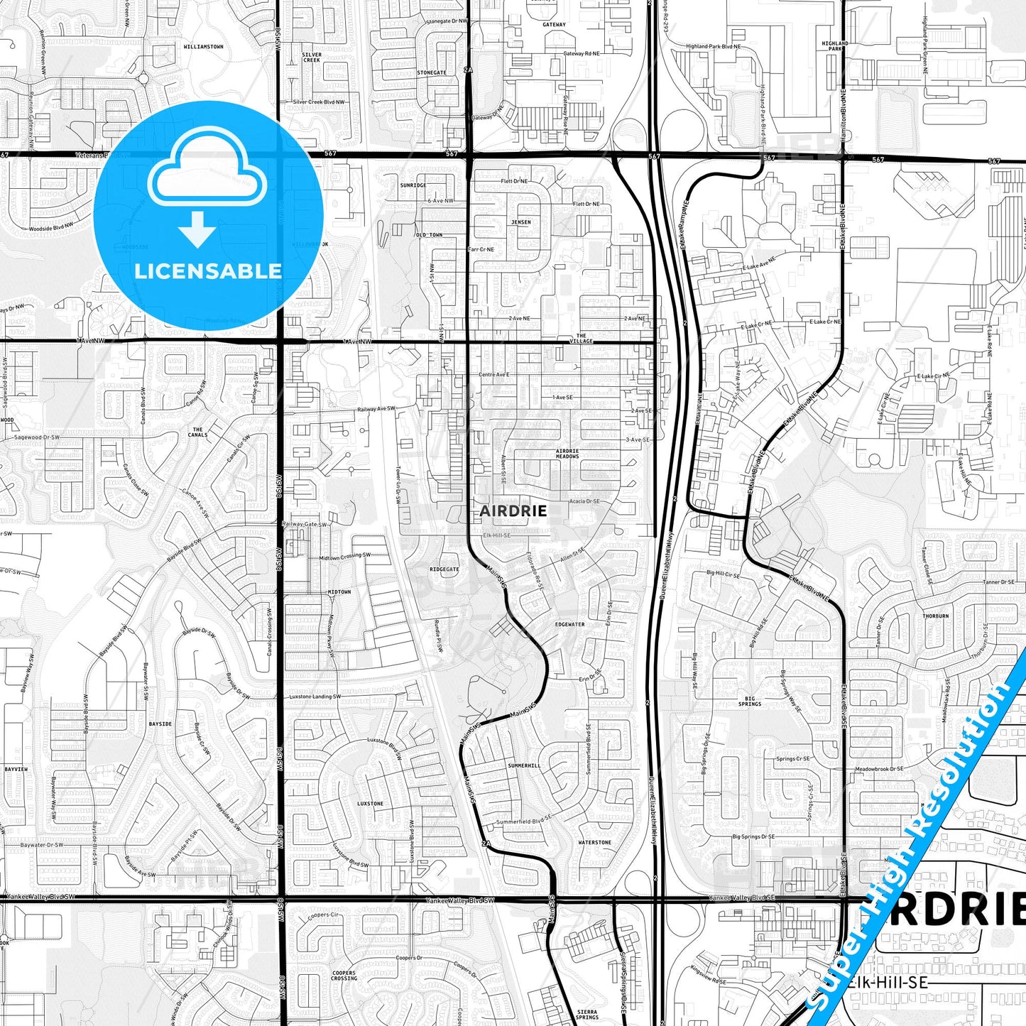 Airdrie, Canada Light Map with Street Names, City Names, and Districts