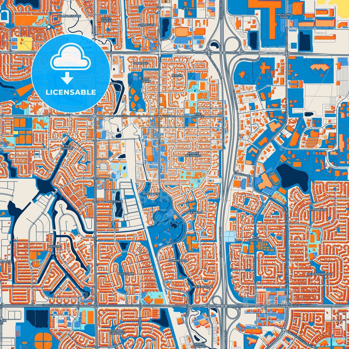 Colorful Airdrie Street Map with Labels and Buildings