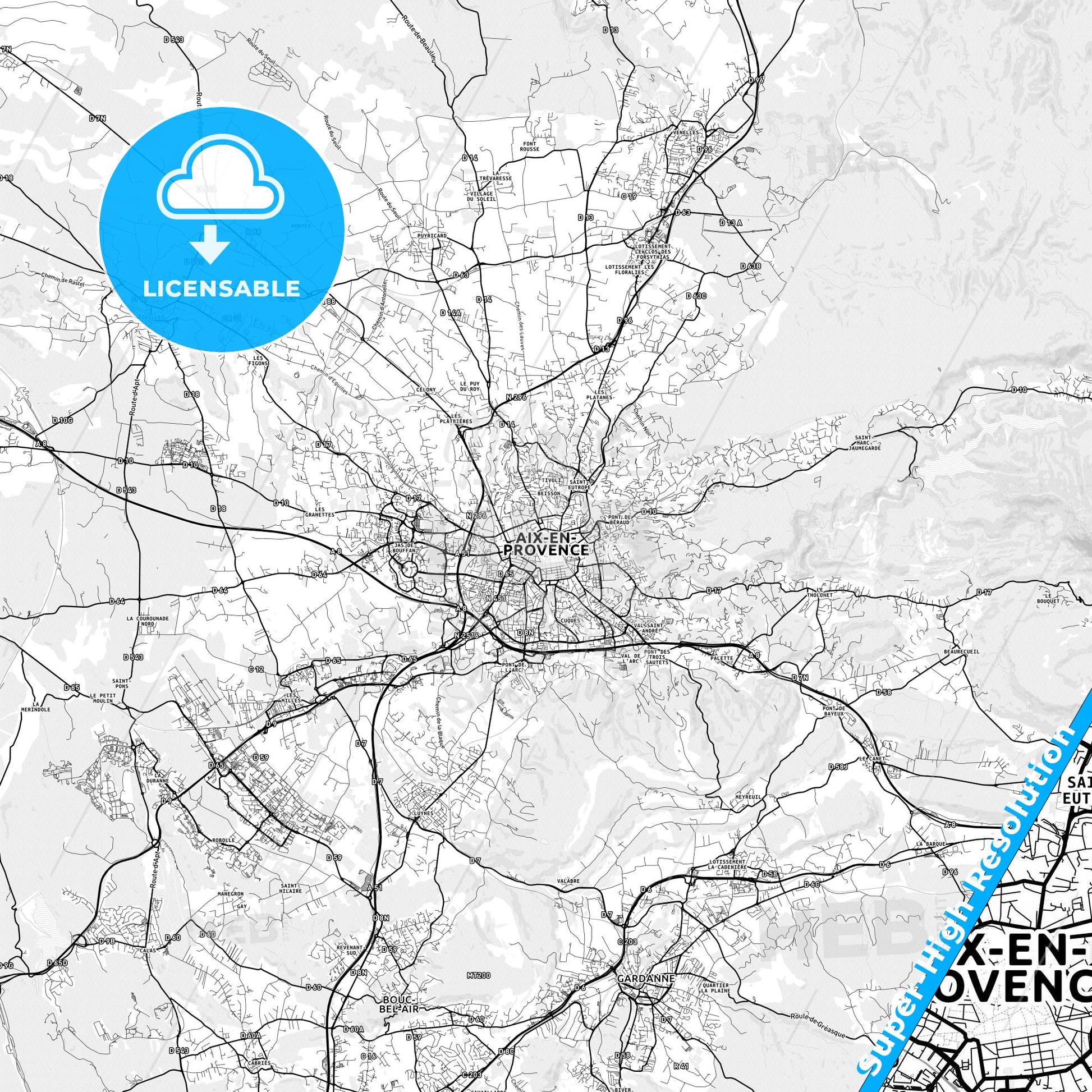 Aix-en-Provence, France light map with streetnames, citynames and districts