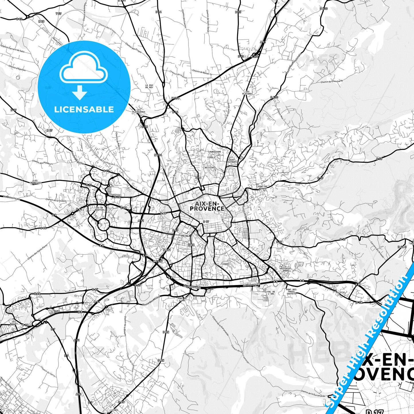 Aix-en-Provence, France Light Map with Street Names, City Names, and Districts