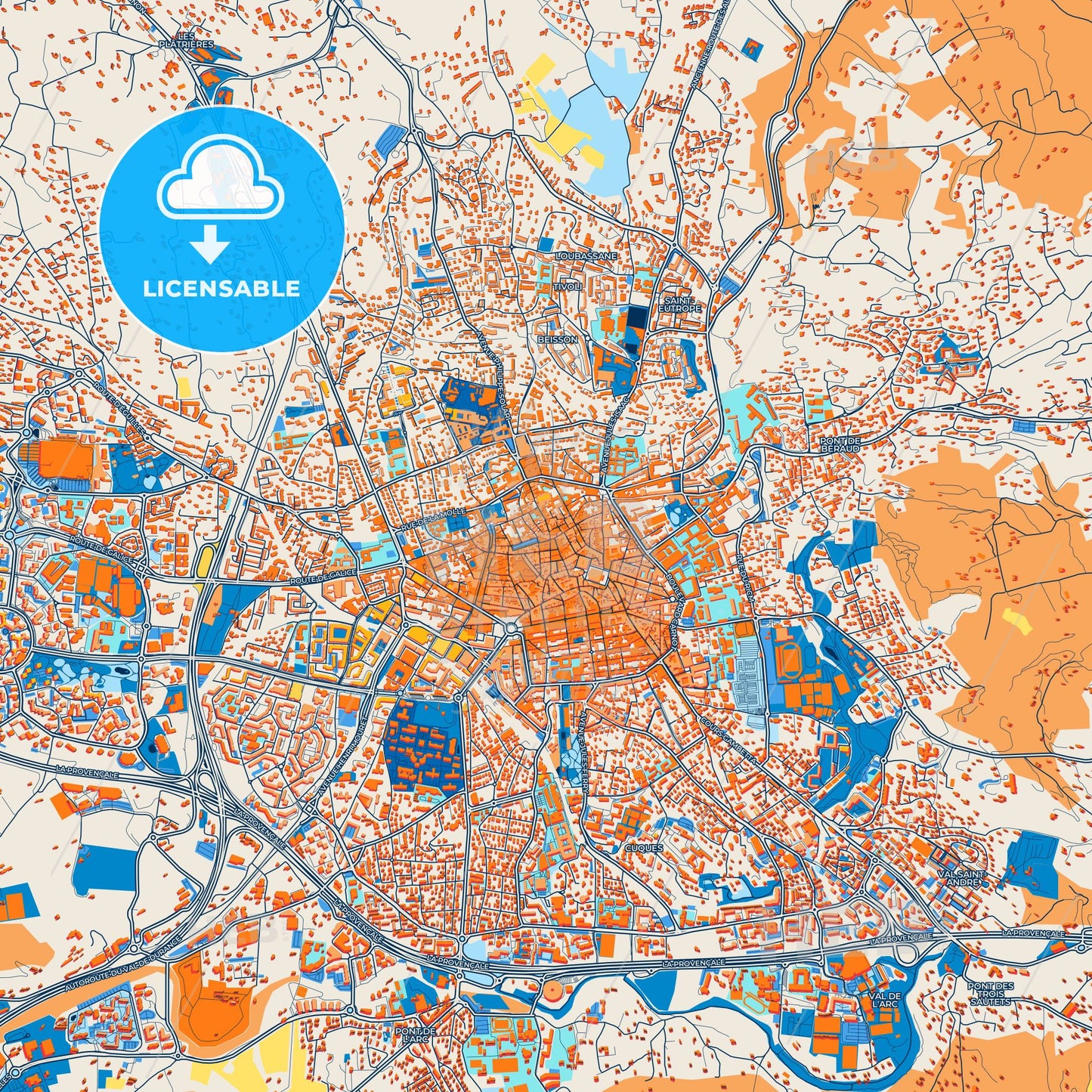 Colorful Aix-en-Provence Street Map with Labels and Buildings