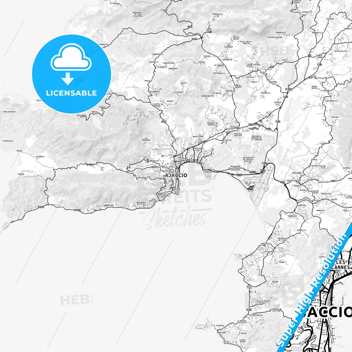 Ajaccio, France light map with streetnames, citynames and districts